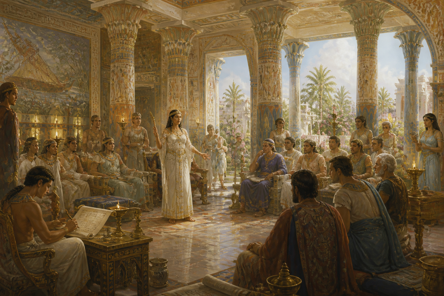 No opulento palácio de Alexandria, Arsinoé II realiza a corte, sua influência se estendendo além de ser apenas a irmã e consorte de Ptolemeu II. No opulento palácio de Alexandria, Arsinoé II realiza a corte, sua influência se estendendo além de ser apenas a irmã e consorte de Ptolemeu II.