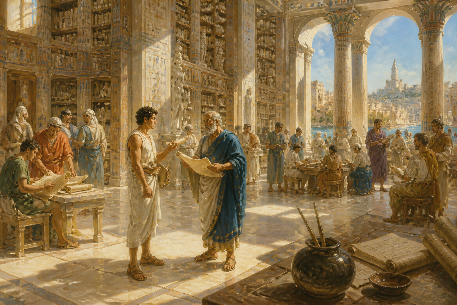 Dentro dos serenos corredores da Biblioteca de Alexandria, o ar está vivo com o baixo murmúrio do discurso acadêmico. Sob o patrocínio de Ptolemeu II… Dentro dos serenos corredores da Biblioteca de Alexandria, o ar está vivo com o baixo murmúrio do discurso acadêmico. Sob o patrocínio de Ptolemeu II…