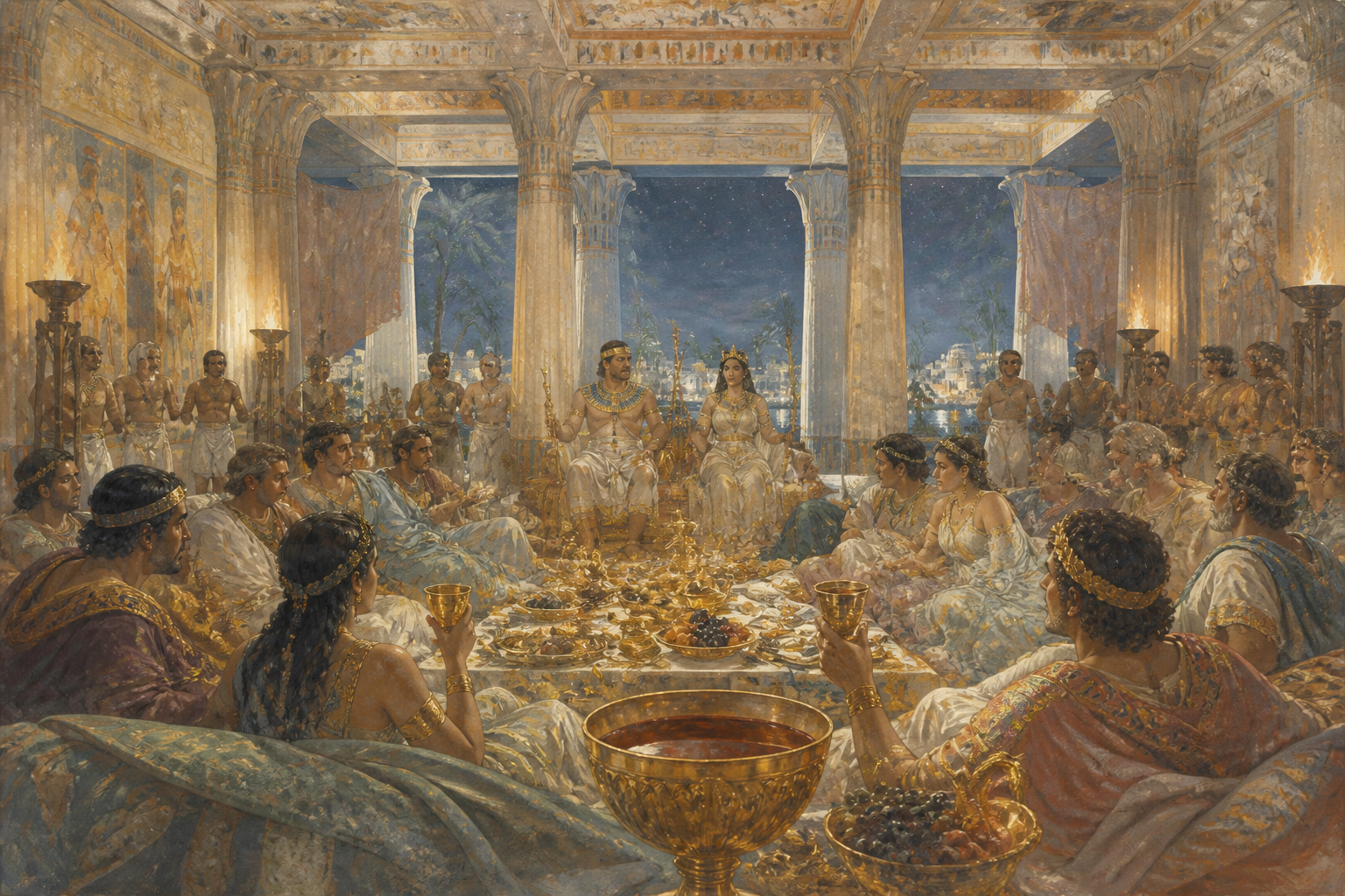 Dentro do grande salão de banquetes do palácio alexandrino, os preparativos estão em andamento para uma noite de grandeza e opulência. Dentro do grande salão de banquetes do palácio alexandrino, os preparativos estão em andamento para uma noite de grandeza e opulência.