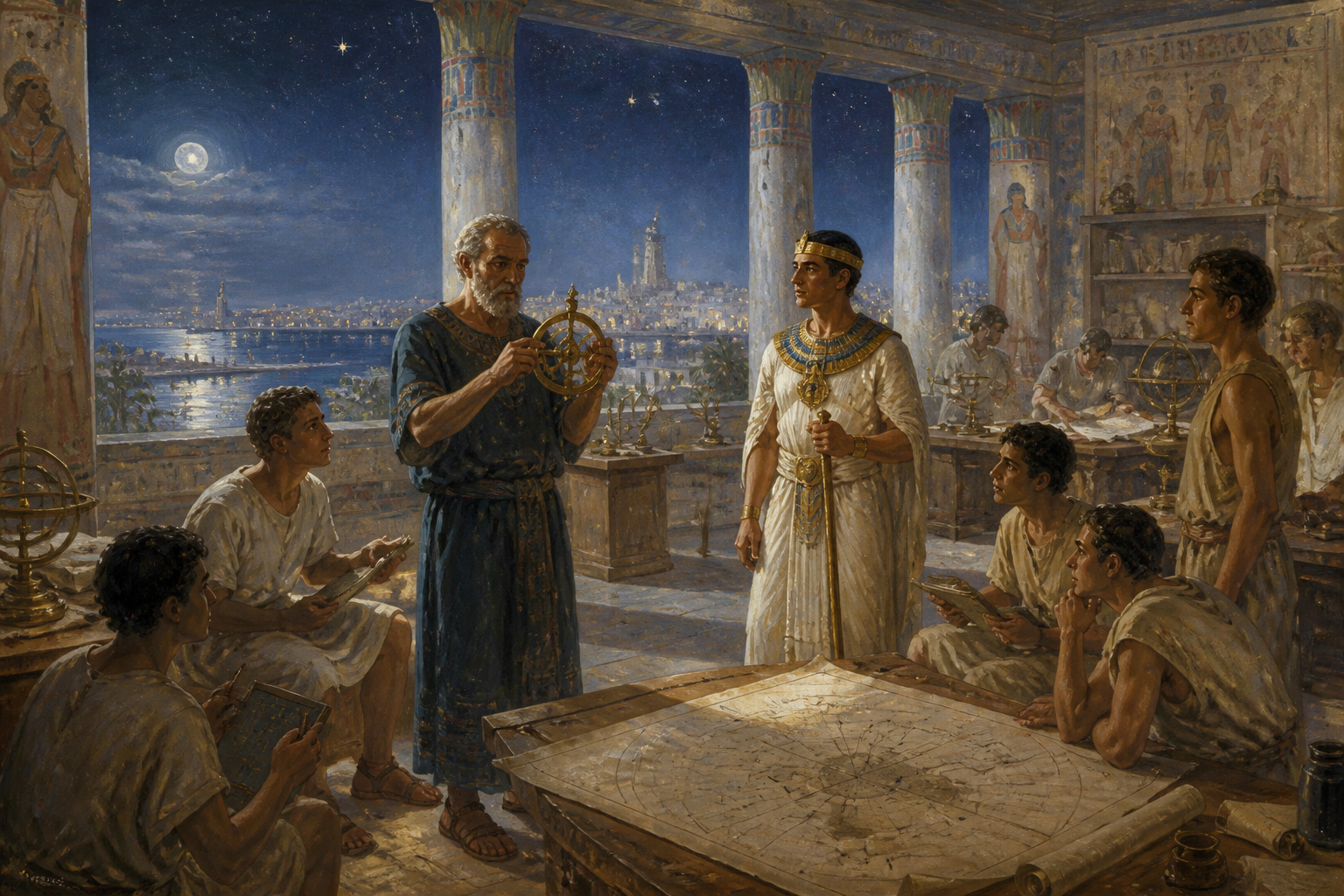 No tranquilo observatório no topo do palácio, a noite cai sobre Alexandria. É aqui que Ptolemeu II se reúne com seus astrônomos, seus olhos fixos na esfera… No tranquilo observatório no topo do palácio, a noite cai sobre Alexandria. É aqui que Ptolemeu II se reúne com seus astrônomos, seus olhos fixos na esfera…