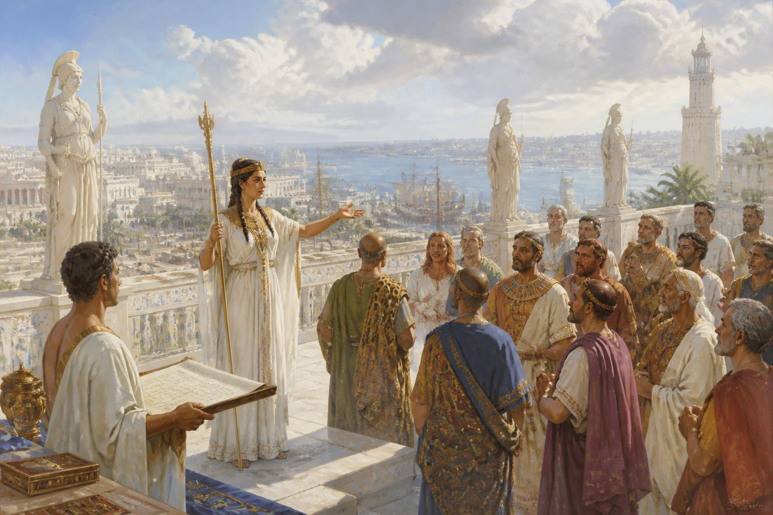No terraço do palácio, com a movimentada cidade de Alexandria se estendendo abaixo, a rainha Arsinoé II se dirige aos oficiais reunidos. No terraço do palácio, com a movimentada cidade de Alexandria se estendendo abaixo, a rainha Arsinoé II se dirige aos oficiais reunidos.