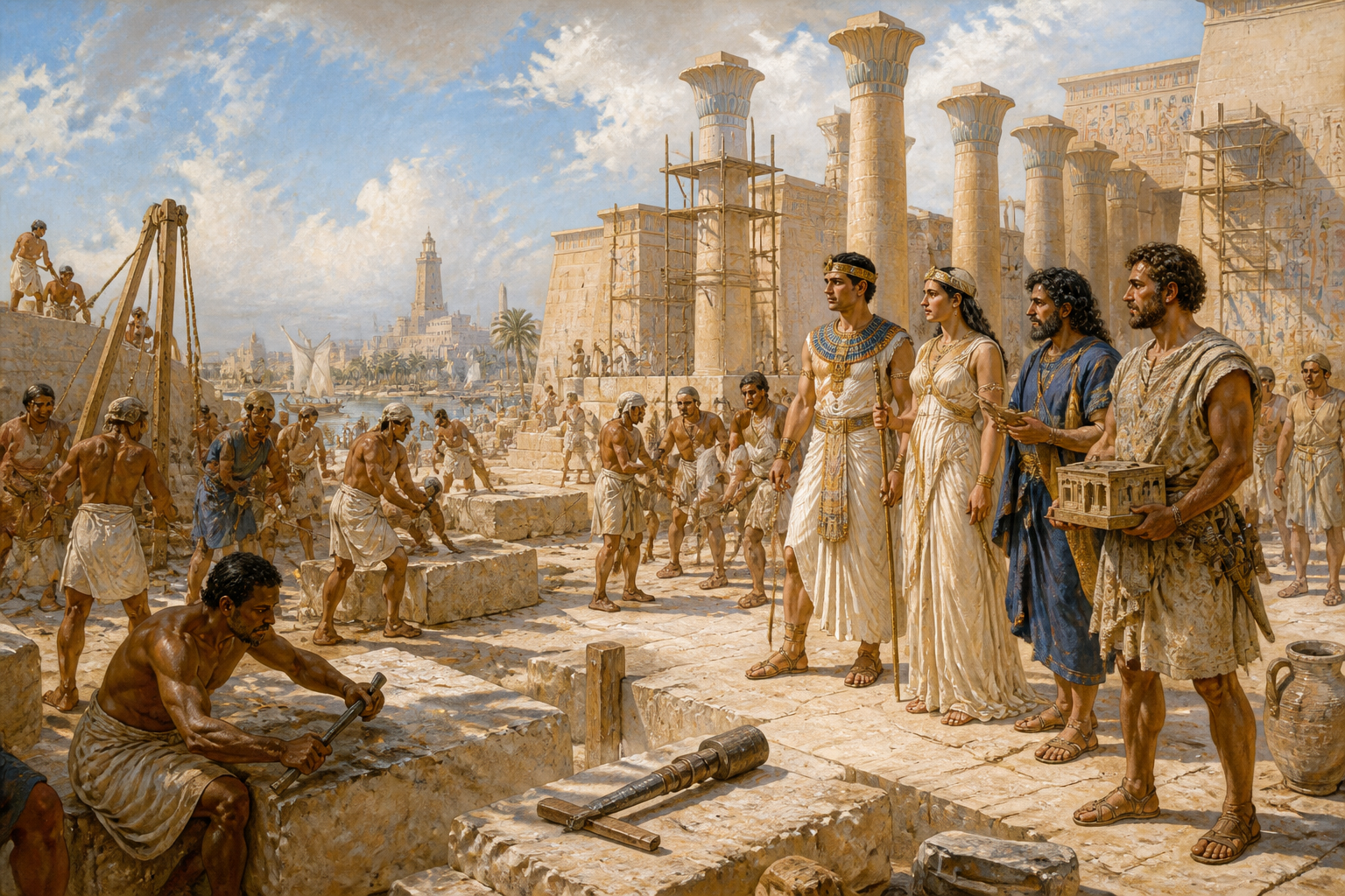 No movimentado canteiro de obras do Serapeum, o grande templo dedicado ao deus sincrético Serápis, o arquiteto Sóstrato de Cnido supervisiona uma equipe de… No movimentado canteiro de obras do Serapeum, o grande templo dedicado ao deus sincrético Serápis, o arquiteto Sóstrato de Cnido supervisiona uma equipe de…