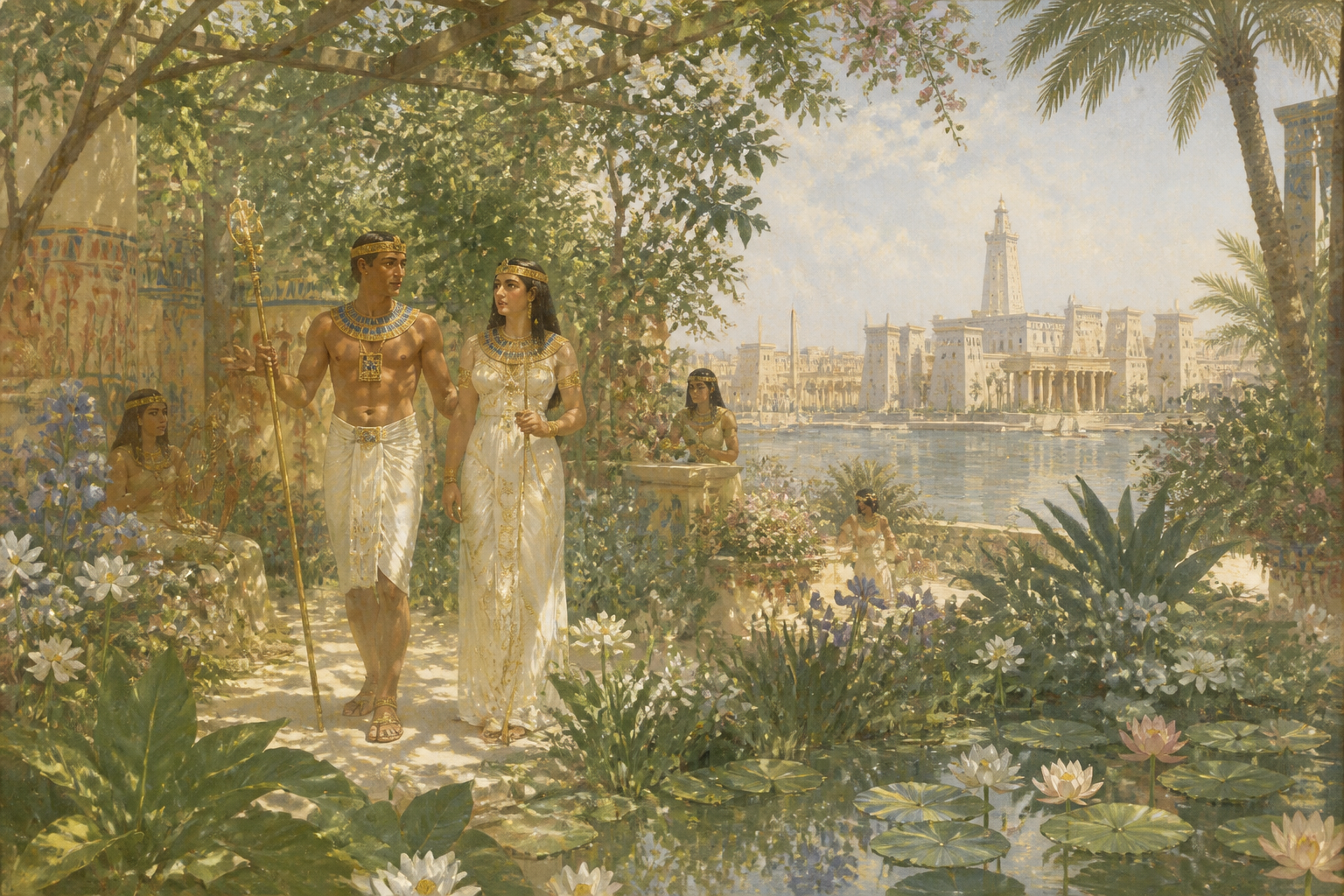 Nos tranquilos jardins do palácio real, Ptolemeu II caminha com Arsinoé II, refletindo sobre seu reinado e seu impacto duradouro. Nos tranquilos jardins do palácio real, Ptolemeu II caminha com Arsinoé II, refletindo sobre seu reinado e seu impacto duradouro.