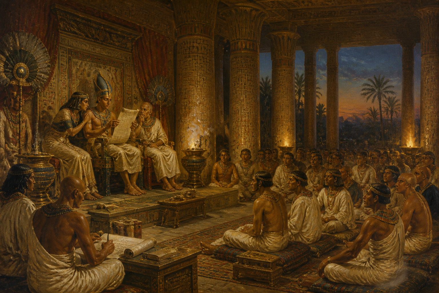 Within the vast audience chamber of Thebes, Ramesses II gathered his generals and advisors to discuss the pressing threat of the Hittite army. Within the vast audience chamber of Thebes, Ramesses II gathered his generals and advisors to discuss the pressing threat of the Hittite army.
