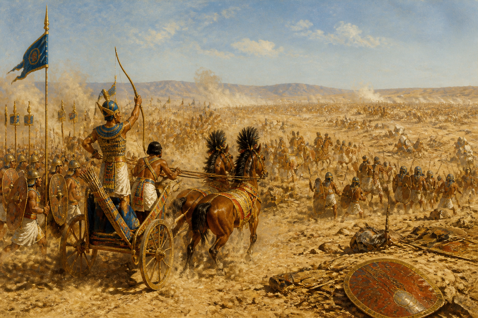 On the plains of Kadesh, the clash of armies reverberated across the dusty expanse. Ramesses II, astride his chariot, led the charge, his blue khepresh crown… On the plains of Kadesh, the clash of armies reverberated across the dusty expanse. Ramesses II, astride his chariot, led the charge, his blue khepresh crown…