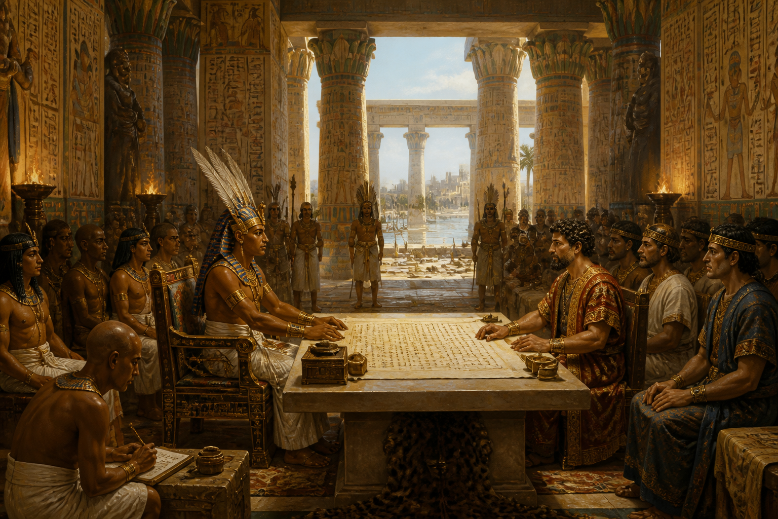In the grand hall of Pi-Ramesses, envoys gathered to witness the signing of the historic peace treaty between Egypt and the Hittites. In the grand hall of Pi-Ramesses, envoys gathered to witness the signing of the historic peace treaty between Egypt and the Hittites.
