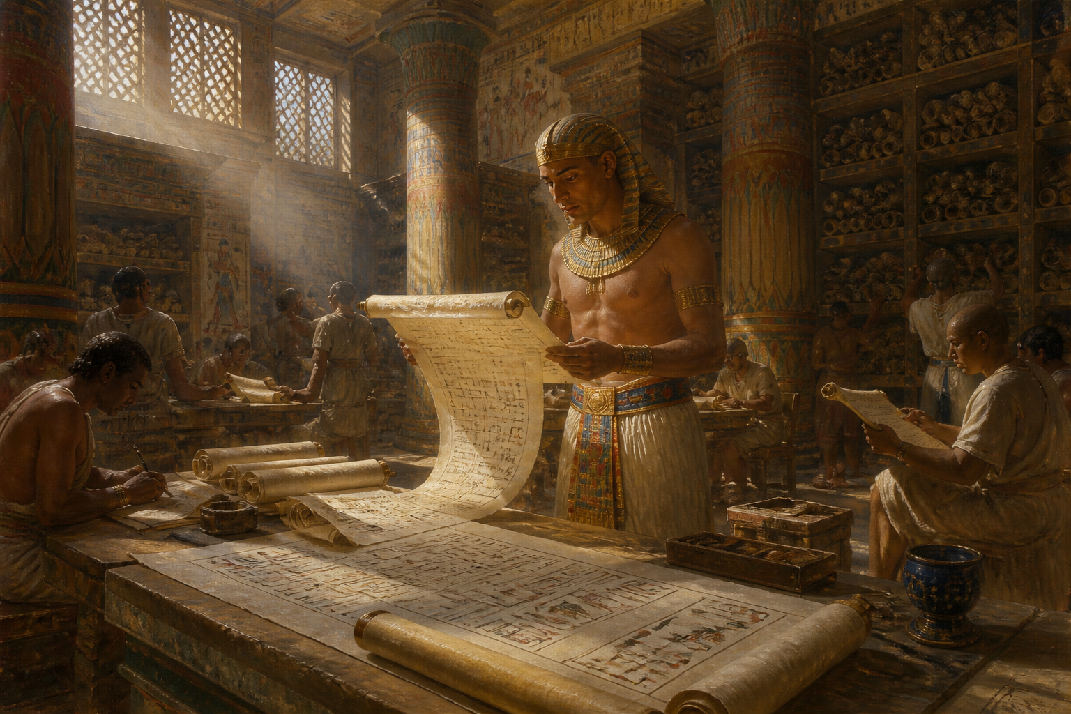 In the archives of the temple at Memphis, Khaemwaset, son of Ramesses II, perused papyrus scrolls, seeking knowledge of Egypt’s past. In the archives of the temple at Memphis, Khaemwaset, son of Ramesses II, perused papyrus scrolls, seeking knowledge of Egypt’s past.