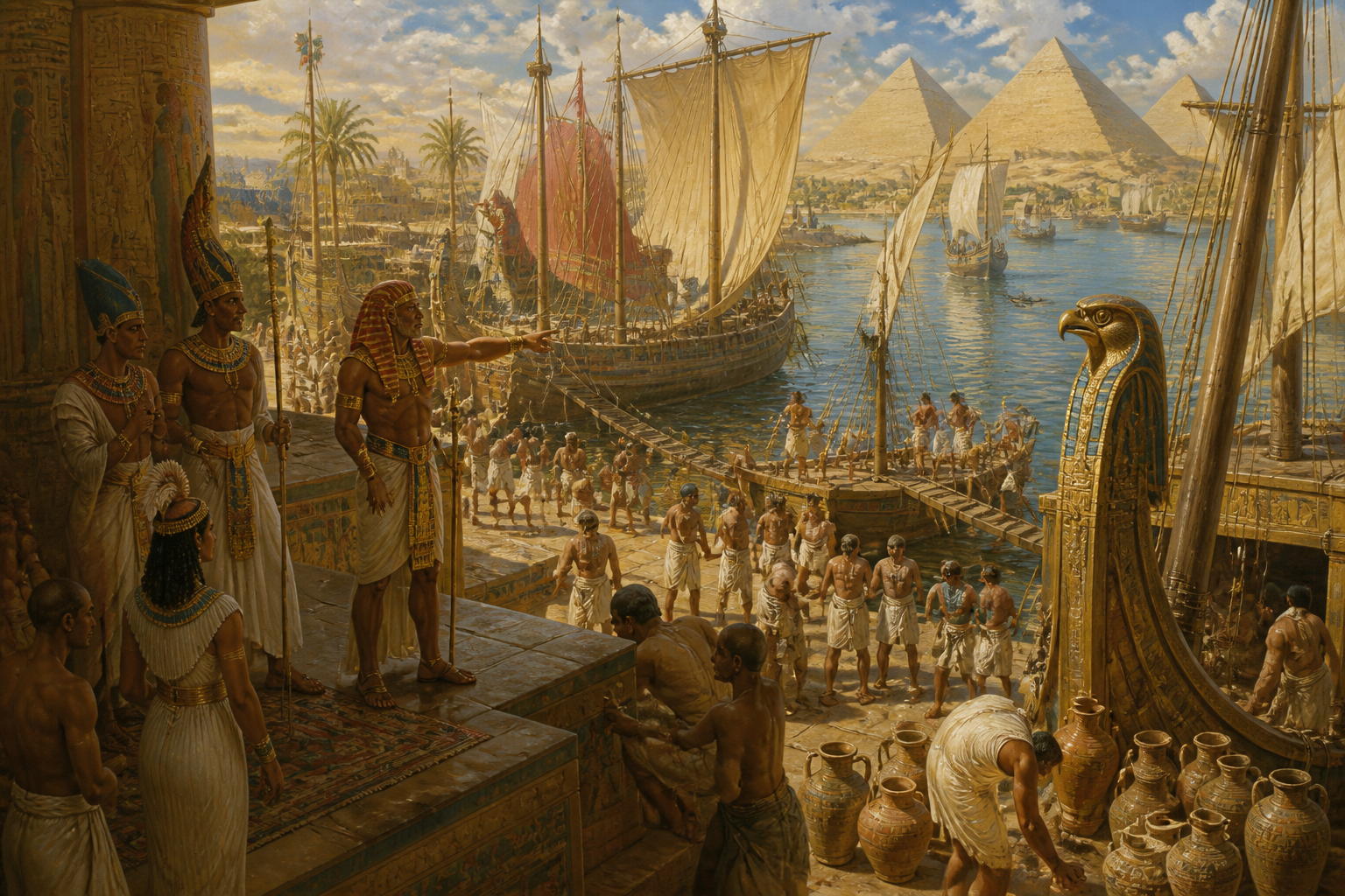 Seti I's vision for Egypt extended beyond immediate borders, leading to diplomatic ties and trade with distant lands. In the bustling shipyard of Memphis, ships… Seti I's vision for Egypt extended beyond immediate borders, leading to diplomatic ties and trade with distant lands. In the bustling shipyard of Memphis, ships…