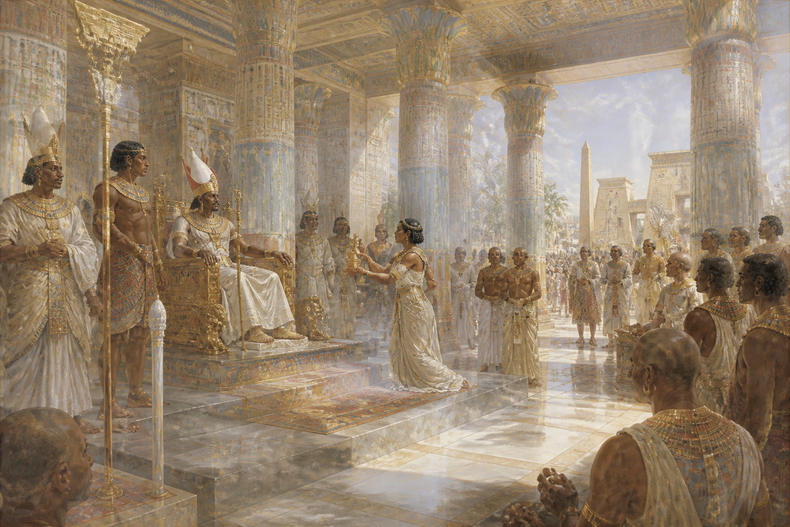 In Memphis, the heart of Egyptian power, Taharqa gathers his court. The city buzzes with political intrigue and the chatter of diplomats from distant lands. In Memphis, the heart of Egyptian power, Taharqa gathers his court. The city buzzes with political intrigue and the chatter of diplomats from distant lands.