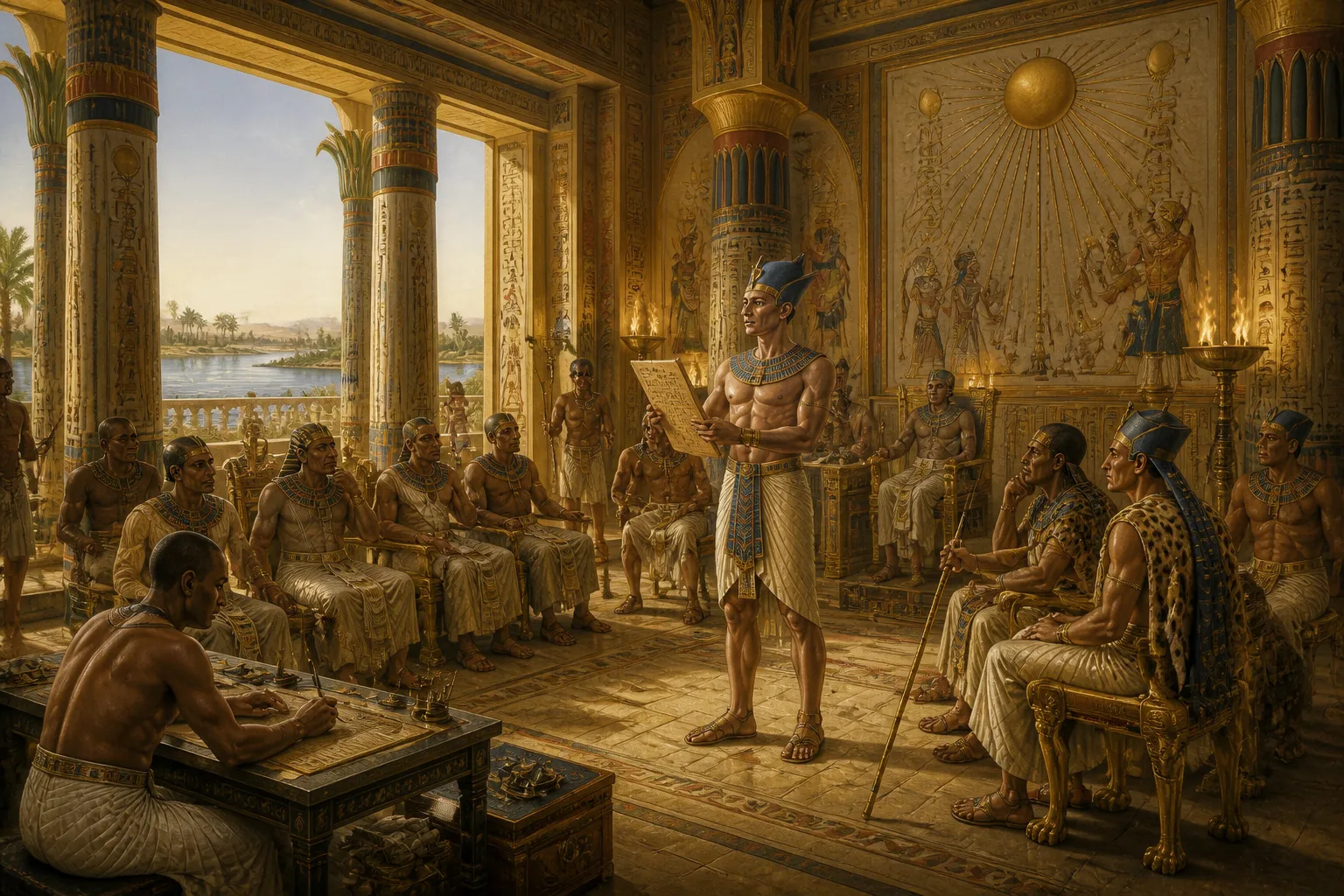 In the grand and opulent halls of Akhetaten, Pharaoh Akhenaten stands before his court, receiving a clay tablet from Tushratta of Mitanni. In the grand and opulent halls of Akhetaten, Pharaoh Akhenaten stands before his court, receiving a clay tablet from Tushratta of Mitanni.