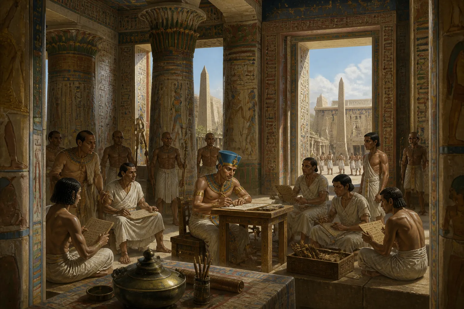 Amidst the towering columns of Karnak, a young prince observes his father, Amenhotep III, the eminent pharaoh celebrated for his extensive building projects and… Amidst the towering columns of Karnak, a young prince observes his father, Amenhotep III, the eminent pharaoh celebrated for his extensive building projects and…