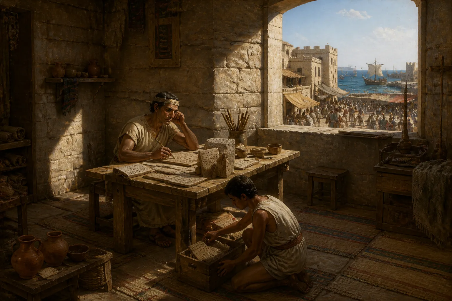 In the bustling city of Byblos, Rib-Hadda, the city's beleaguered ruler, pens what may be yet another unanswered letter to the distant pharaoh of Egypt. In the bustling city of Byblos, Rib-Hadda, the city's beleaguered ruler, pens what may be yet another unanswered letter to the distant pharaoh of Egypt.