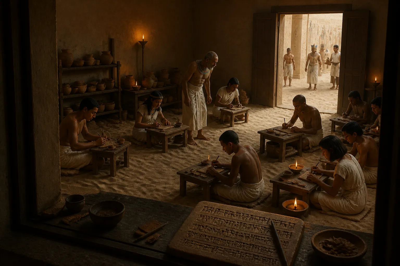 In a small, dimly lit scriptorium within the palace of Akhetaten, young scribes diligently practice their emerging skills. In a small, dimly lit scriptorium within the palace of Akhetaten, young scribes diligently practice their emerging skills.