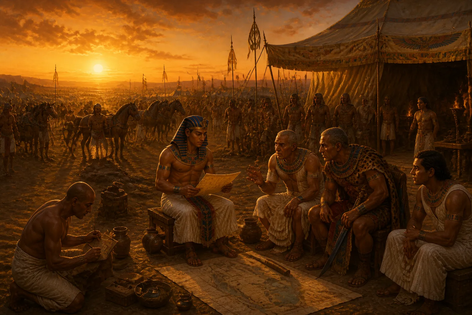 The air is tense as Thutmose III stands before his council in the war camp near Megiddo. The debate is fierce; his generals argue against taking the narrow… The air is tense as Thutmose III stands before his council in the war camp near Megiddo. The debate is fierce; his generals argue against taking the narrow…