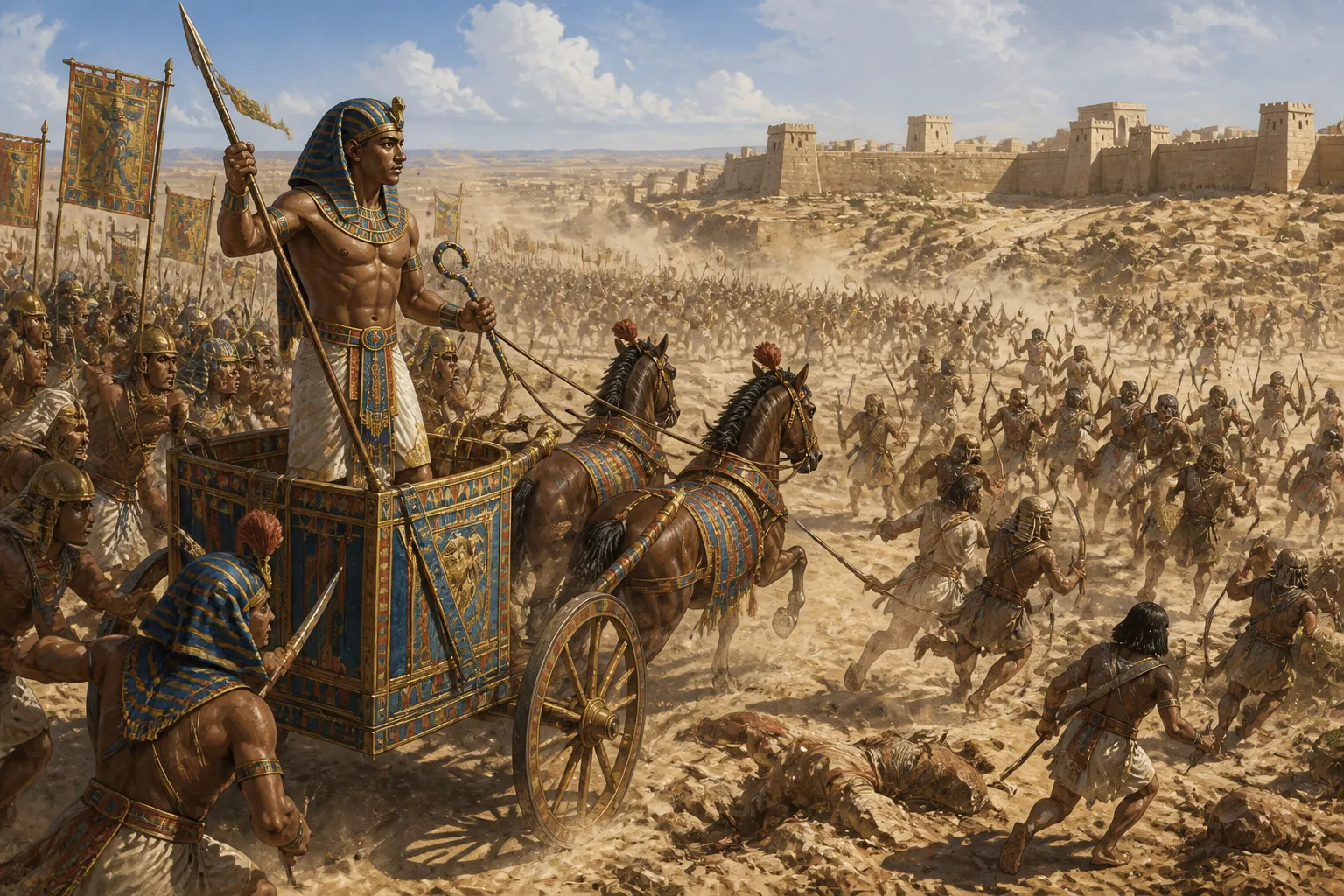 Emerging from the narrow pass, Thutmose III's army meets the forces of Kadesh and Megiddo with the element of surprise. The enemy, having anticipated an… Emerging from the narrow pass, Thutmose III's army meets the forces of Kadesh and Megiddo with the element of surprise. The enemy, having anticipated an…