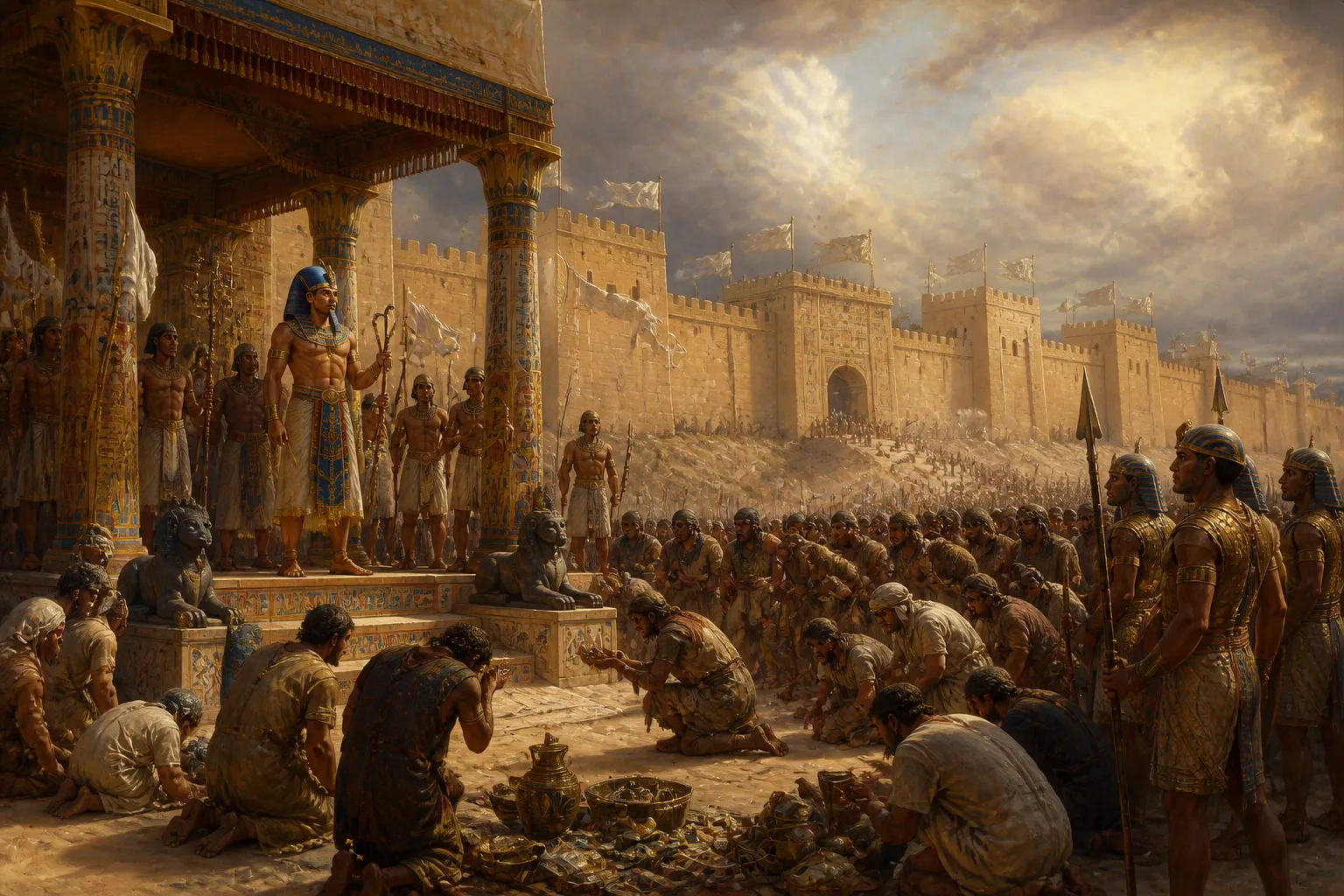 After months of relentless siege, the defenders of Megiddo reach their breaking point, their resistance worn thin by starvation and unending pressure. After months of relentless siege, the defenders of Megiddo reach their breaking point, their resistance worn thin by starvation and unending pressure.
