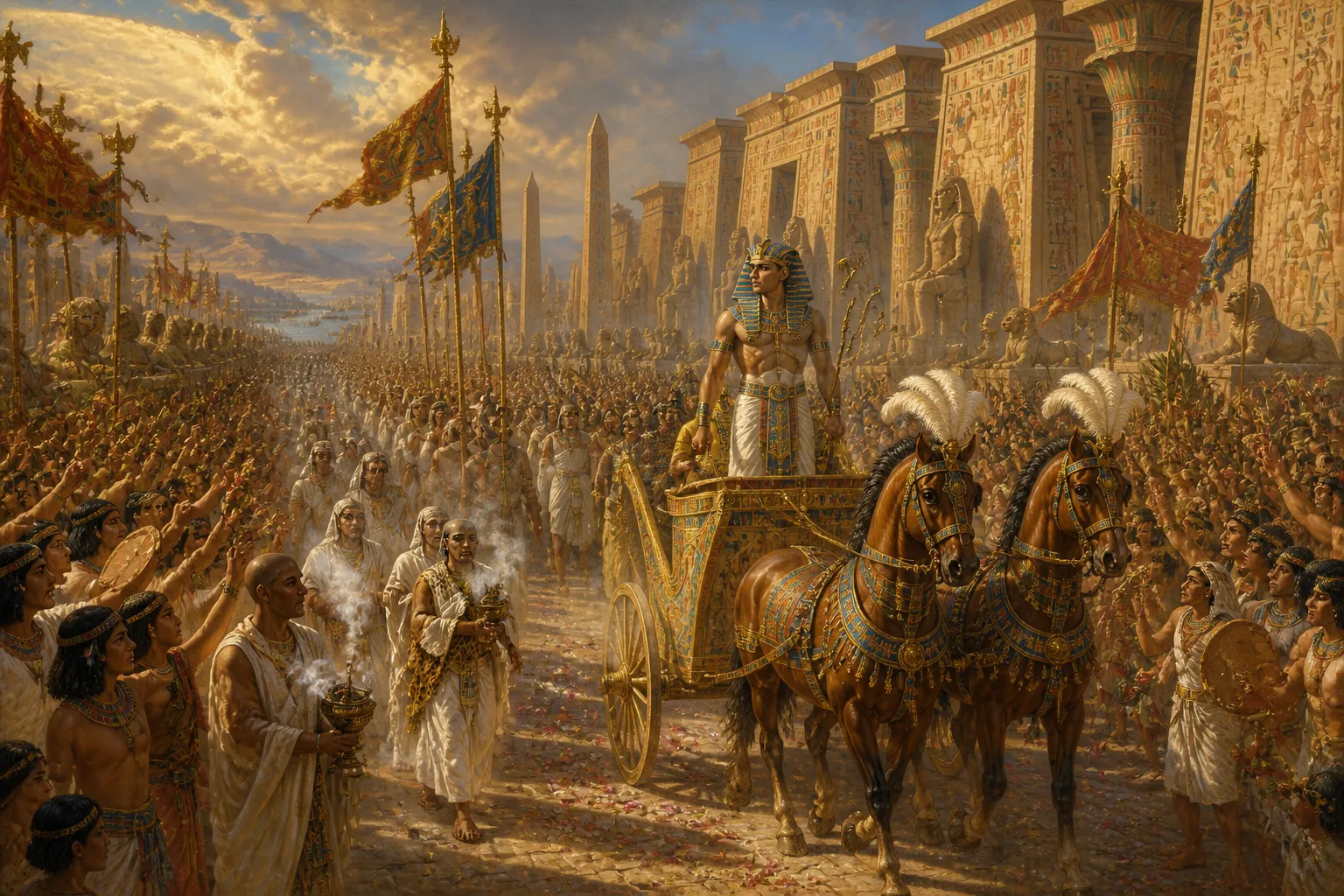 Back in the vibrant city of Thebes, the atmosphere is electric with jubilation as massive processions fill the streets to celebrate the decisive victory at… Back in the vibrant city of Thebes, the atmosphere is electric with jubilation as massive processions fill the streets to celebrate the decisive victory at…
