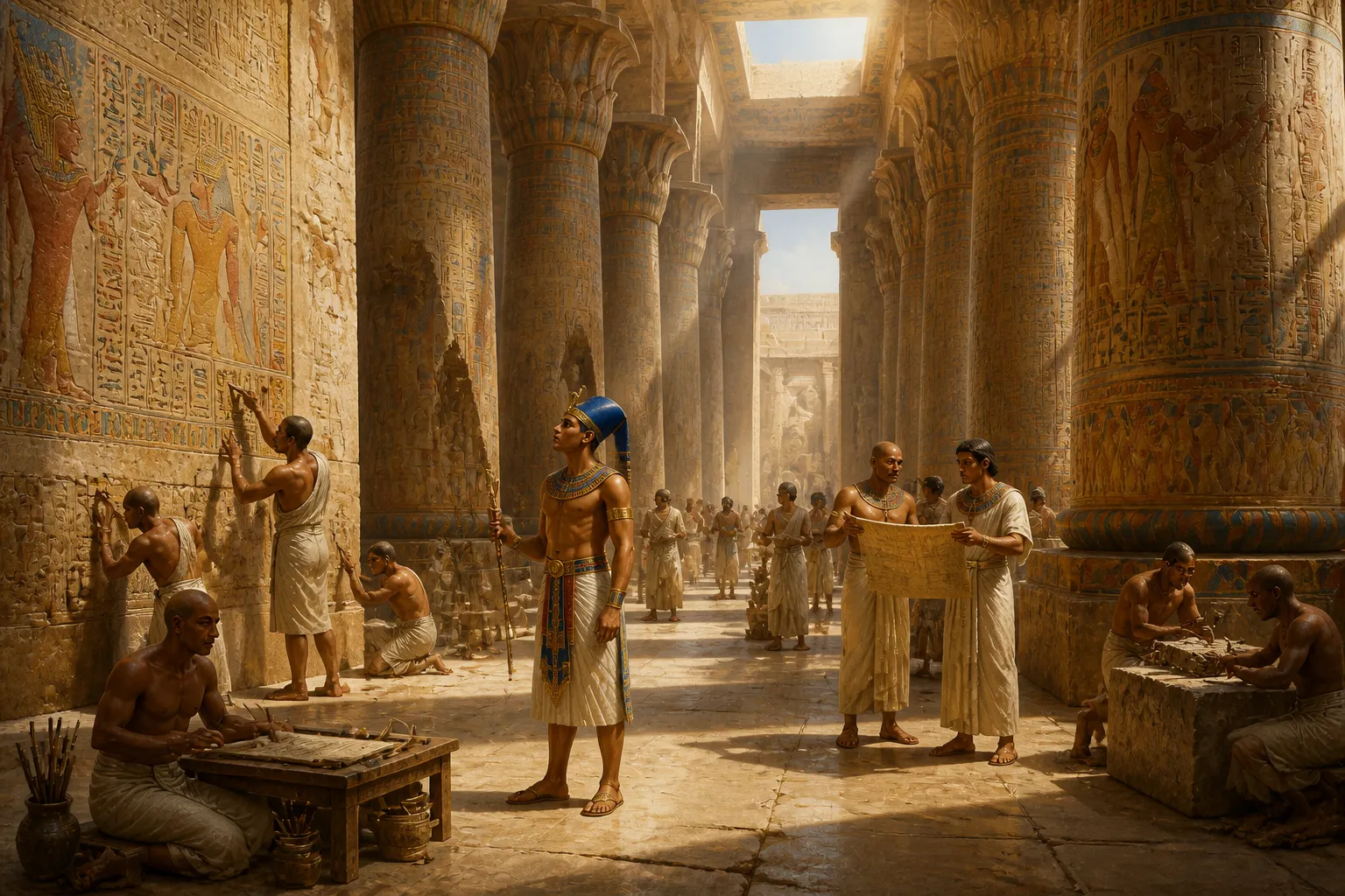 Within the sacred precincts of the grand temple of Karnak, artisans work tirelessly to immortalize the triumphant campaign of Megiddo in frescoes that adorn the… Within the sacred precincts of the grand temple of Karnak, artisans work tirelessly to immortalize the triumphant campaign of Megiddo in frescoes that adorn the…