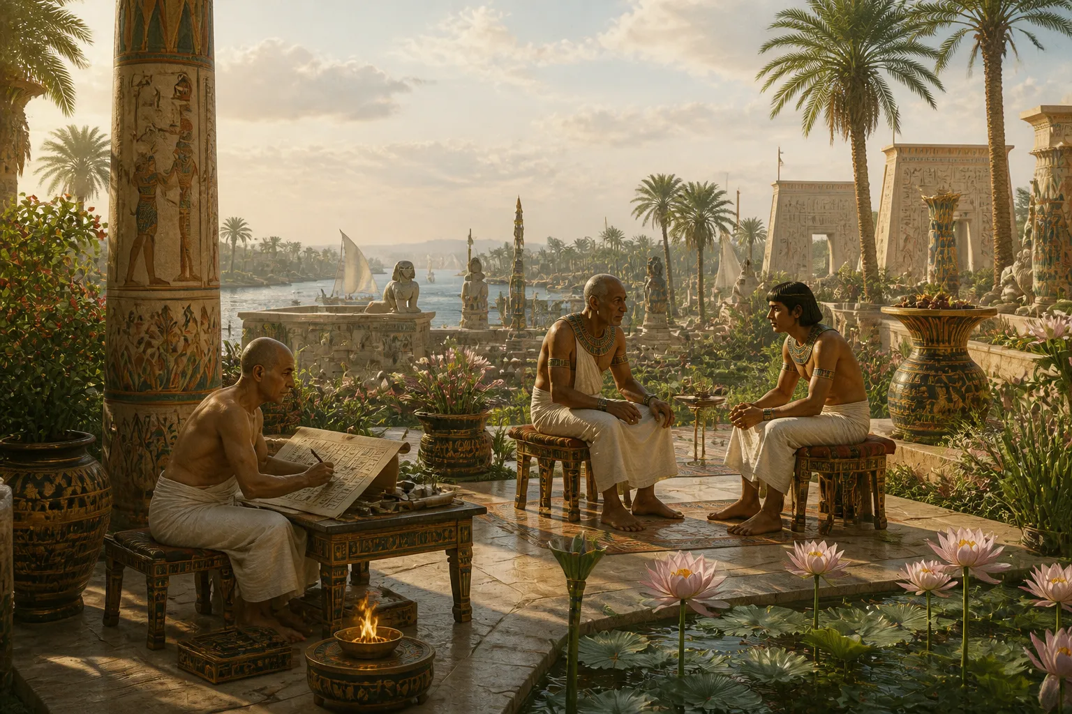 Years later, an aging Thutmose III stands with Amenhotep II, his son and heir, in the lush gardens of Thebes. The gardens, a verdant oasis of tranquility… Years later, an aging Thutmose III stands with Amenhotep II, his son and heir, in the lush gardens of Thebes. The gardens, a verdant oasis of tranquility…