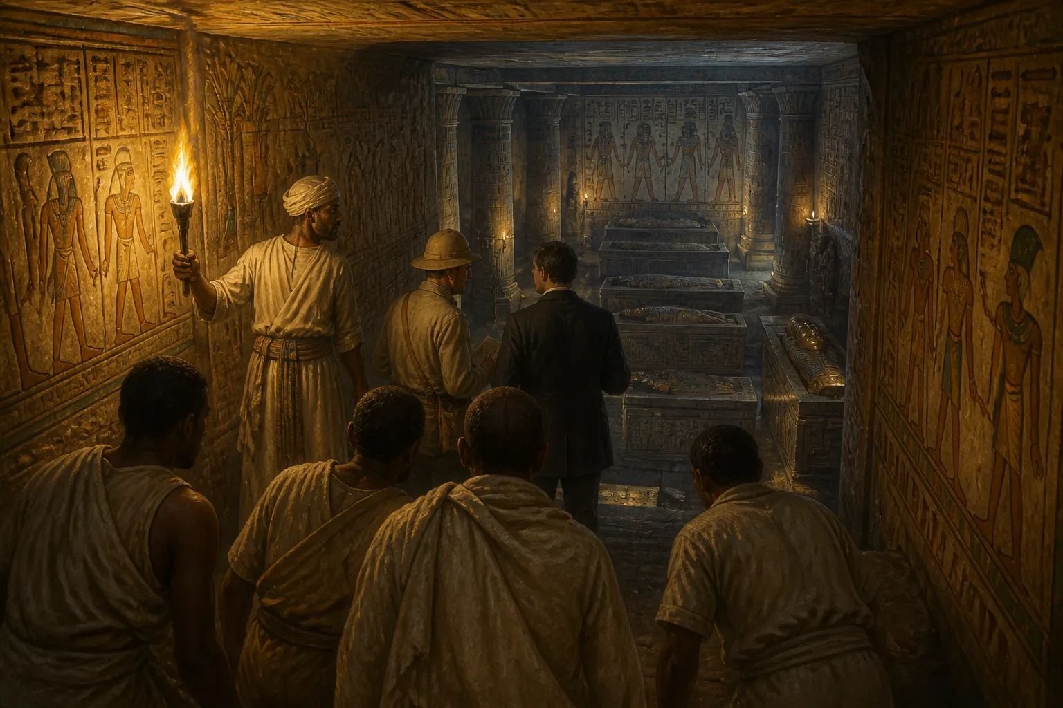 With the shaft meticulously opened, Brugsch and his team carefully descend into the cold, musty depths of an ancient world buried beneath the sands of time. With the shaft meticulously opened, Brugsch and his team carefully descend into the cold, musty depths of an ancient world buried beneath the sands of time.