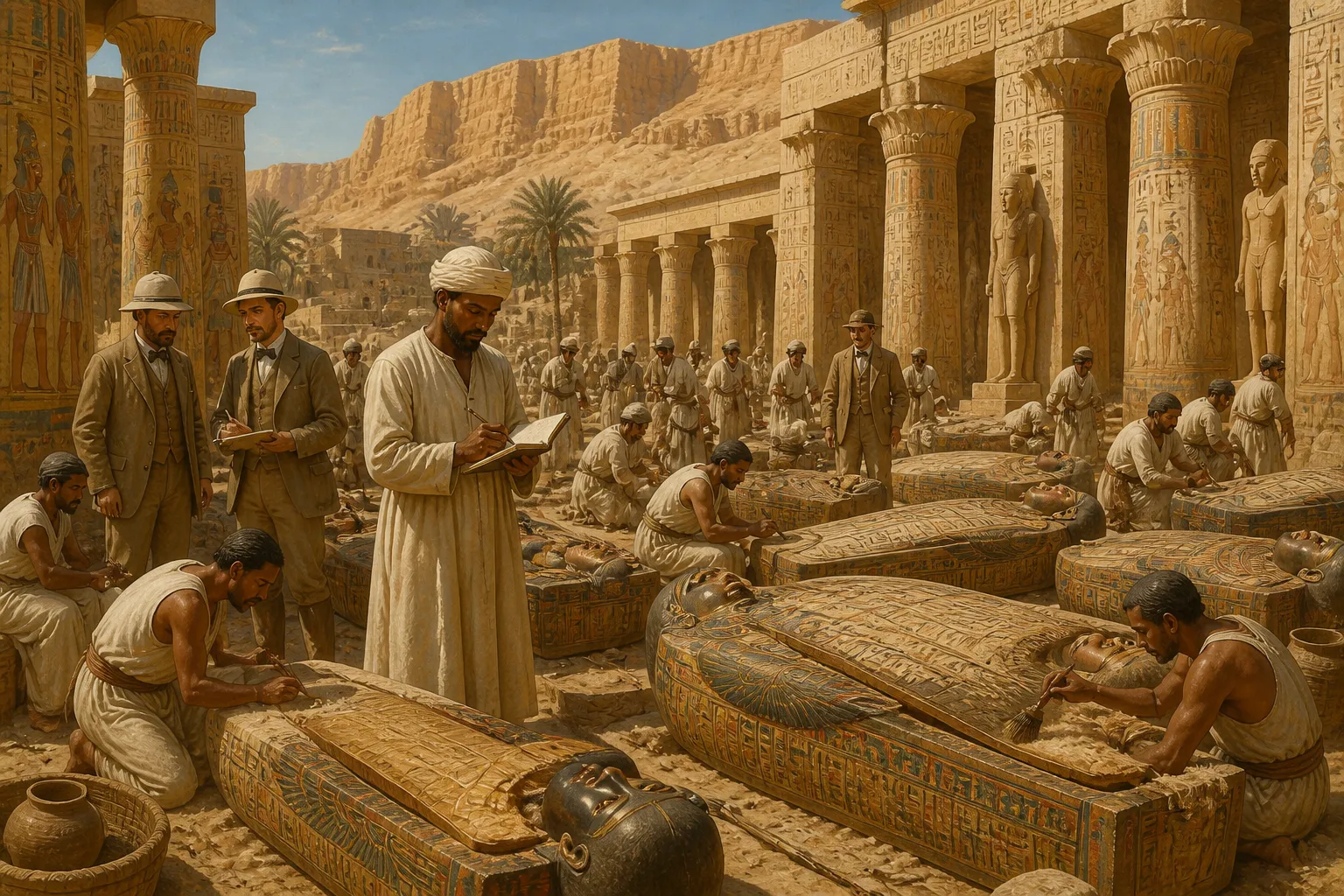 With the mummies safely extracted, Brugsch and his diligent team turn to the intricate task of cataloging the treasures of the tomb. With the mummies safely extracted, Brugsch and his diligent team turn to the intricate task of cataloging the treasures of the tomb.