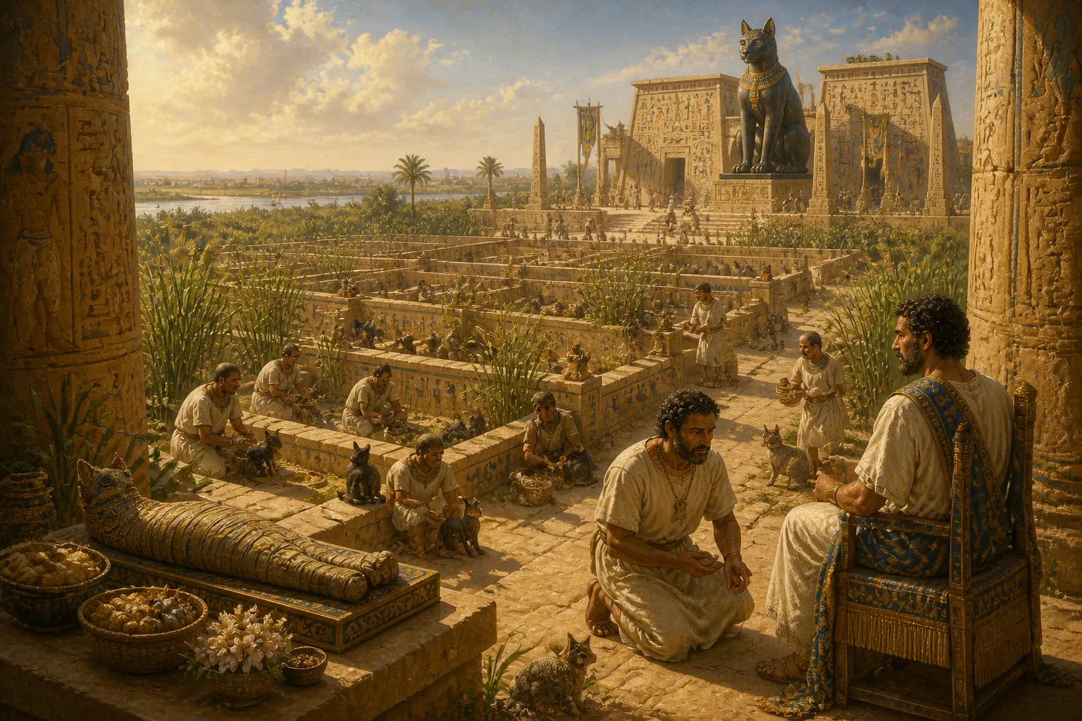 Dentro de los recintos sagrados de Bubastis, filas y filas de criaderos albergaban animales sagrados, principalmente gatos, venerados como encarnaciones de la… Dentro de los recintos sagrados de Bubastis, filas y filas de criaderos albergaban animales sagrados, principalmente gatos, venerados como encarnaciones de la…