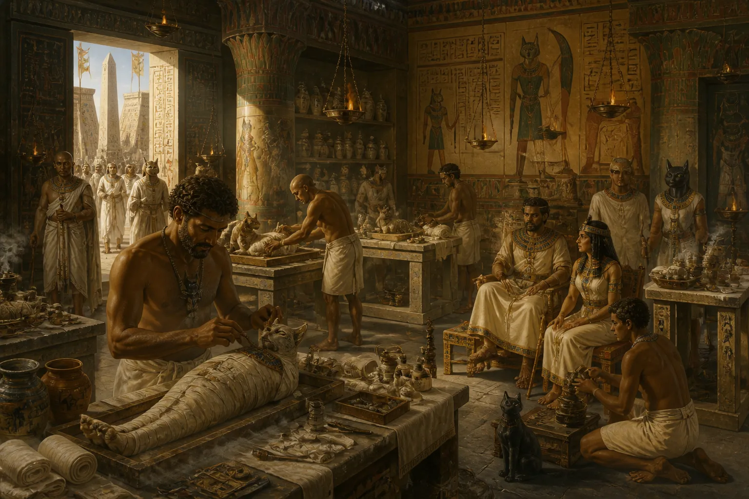 En las cámaras tenuemente iluminadas bajo el Templo de Bastet, los embalsamadores practicaban el sagrado arte de la momificación, un proceso intrincado y… En las cámaras tenuemente iluminadas bajo el Templo de Bastet, los embalsamadores practicaban el sagrado arte de la momificación, un proceso intrincado y…