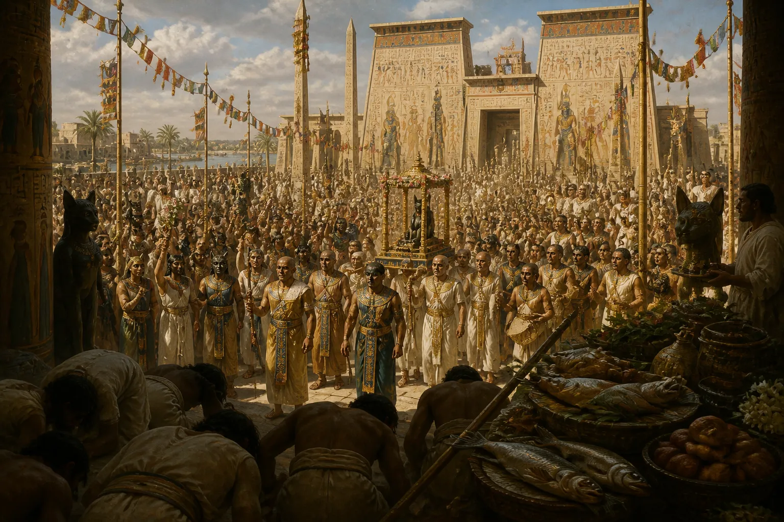 El Festival de Bastet era el evento más esperado del año, reuniendo a vastas multitudes de todos los rincones de Egipto. El Festival de Bastet era el evento más esperado del año, reuniendo a vastas multitudes de todos los rincones de Egipto.