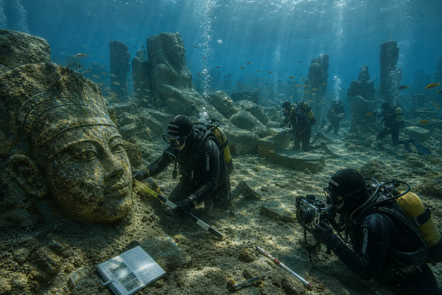 Die versunkene Allee von Heracleion ist ein gespenstischer Anblick, wo riesige Statuen von Göttern und Pharaonen halb im goldenen Sand begraben liegen. Die versunkene Allee von Heracleion ist ein gespenstischer Anblick, wo riesige Statuen von Göttern und Pharaonen halb im goldenen Sand begraben liegen.