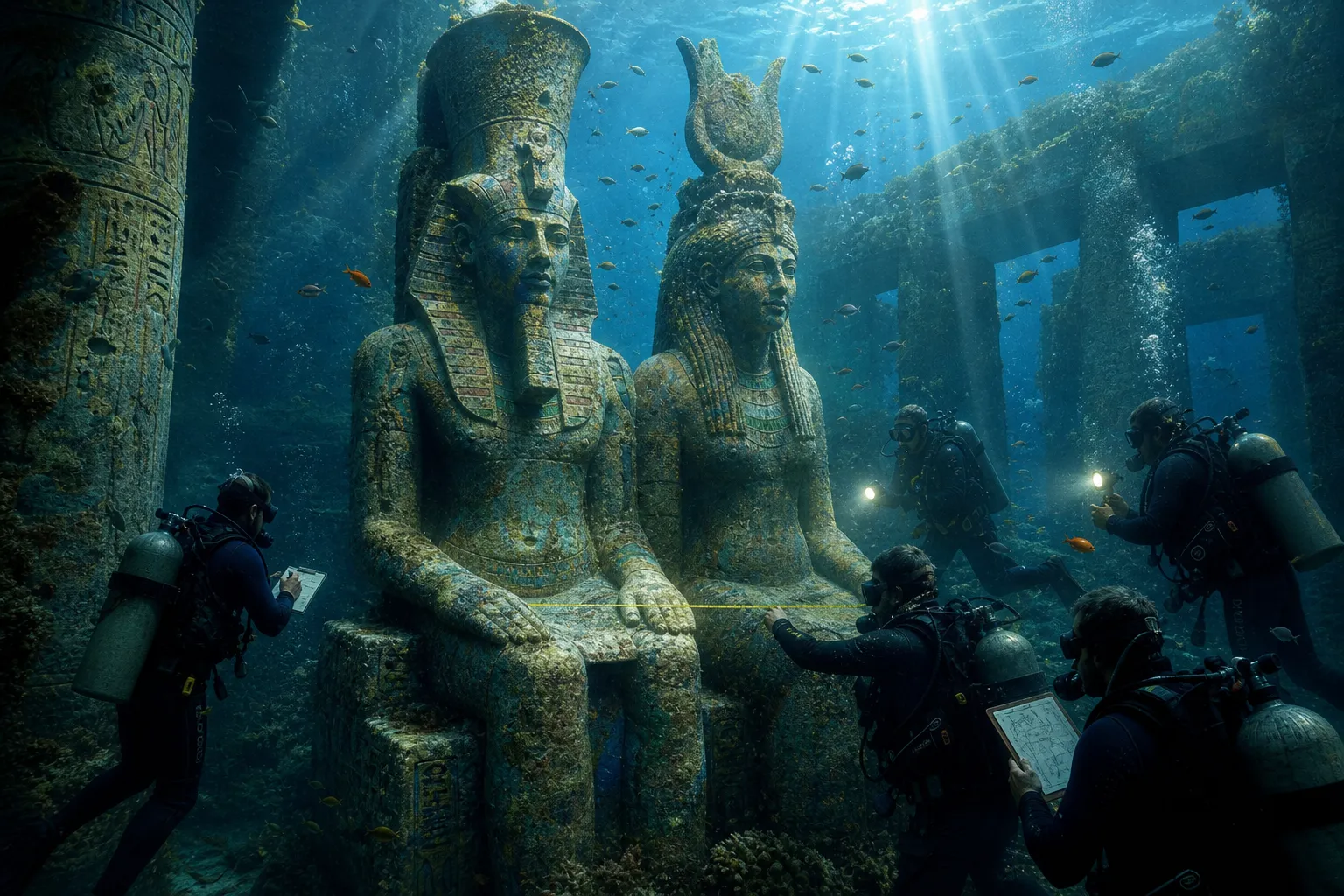 Im Herzen des Unterwassertempelkomplexes erheben sich Statuen ägyptischer Gottheiten feierlich vom Meeresboden, Denkmäler der Hingabe in einem vergessenen… Im Herzen des Unterwassertempelkomplexes erheben sich Statuen ägyptischer Gottheiten feierlich vom Meeresboden, Denkmäler der Hingabe in einem vergessenen…