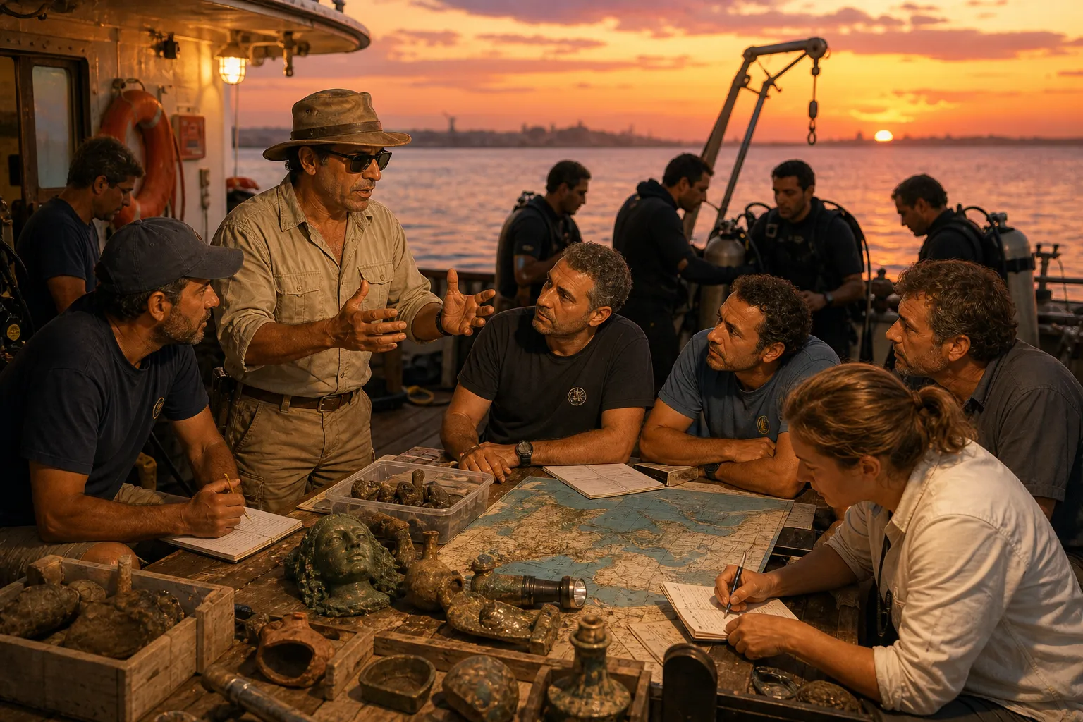 Versammelt auf dem Deck ihres Forschungsschiffs, während die Sonne unter den Horizont sinkt, reflektiert das Team der Archäologen über die Entdeckungen des… Versammelt auf dem Deck ihres Forschungsschiffs, während die Sonne unter den Horizont sinkt, reflektiert das Team der Archäologen über die Entdeckungen des…