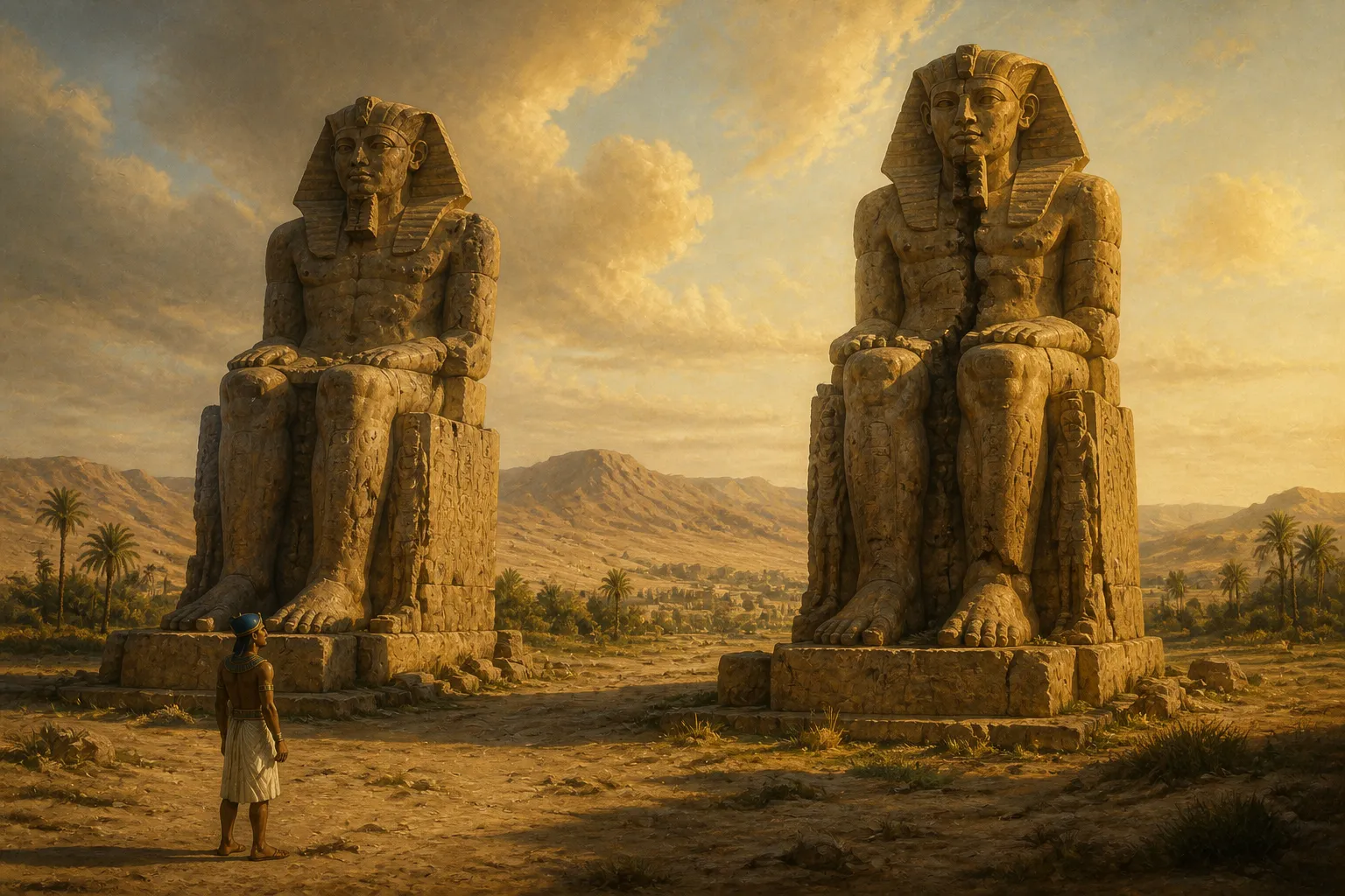 The Colossi of Memnon, towering guardians of the Theban sands, rise majestically against the desert landscape. Crafted from enduring quartzite, their surfaces… The Colossi of Memnon, towering guardians of the Theban sands, rise majestically against the desert landscape. Crafted from enduring quartzite, their surfaces…