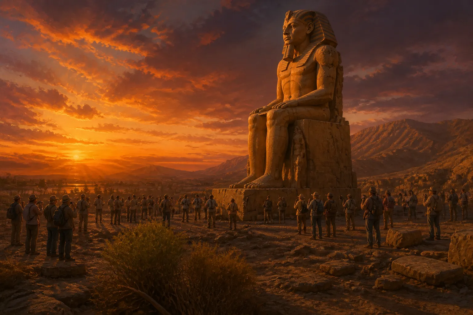 Standing solemnly against the twilight sky, the southern colossus of Amenhotep III offers a silent testament to the enduring legacy of its patron. Standing solemnly against the twilight sky, the southern colossus of Amenhotep III offers a silent testament to the enduring legacy of its patron.