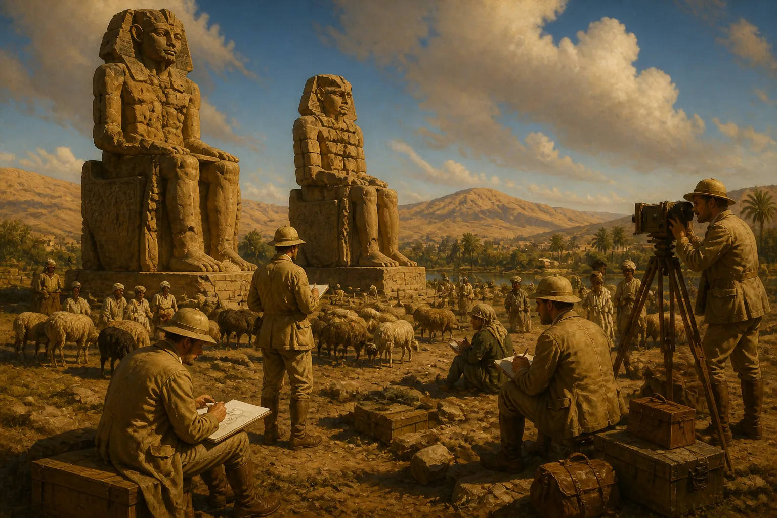 In the 19th century, explorers were captivated by tales of Egypt's ancient wonders, leading them to the site of the Colossi of Memnon. In the 19th century, explorers were captivated by tales of Egypt's ancient wonders, leading them to the site of the Colossi of Memnon.