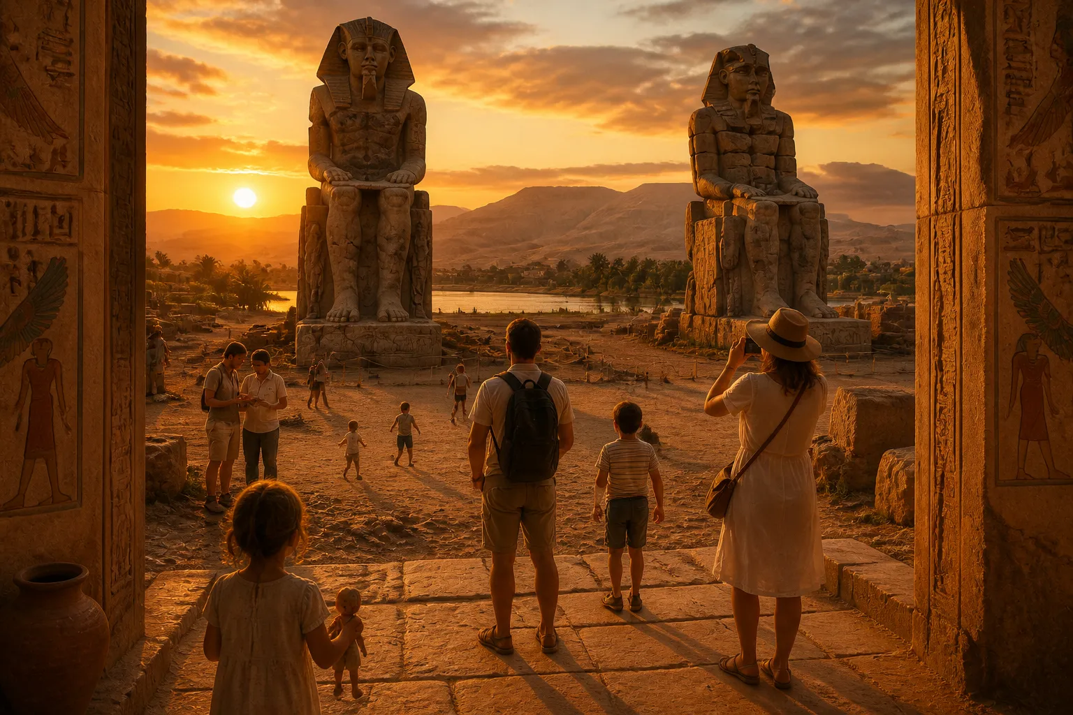Once more standing before the Colossi of Memnon on the Theban sands at sunset, one cannot help but feel the profound connection to the ancient past. Once more standing before the Colossi of Memnon on the Theban sands at sunset, one cannot help but feel the profound connection to the ancient past.