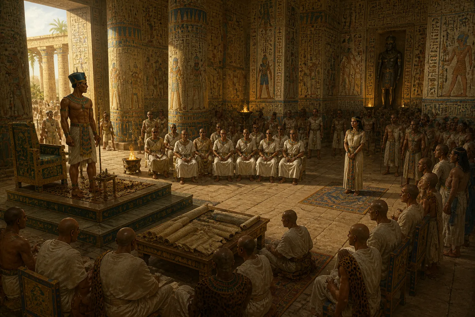 Nella grande sala, l'atmosfera è elettrica di attesa mentre il processo del secolo ha inizio. Ramesses III presiede da una piattaforma rialzata, la sua figura… Nella grande sala, l'atmosfera è elettrica di attesa mentre il processo del secolo ha inizio. Ramesses III presiede da una piattaforma rialzata, la sua figura…