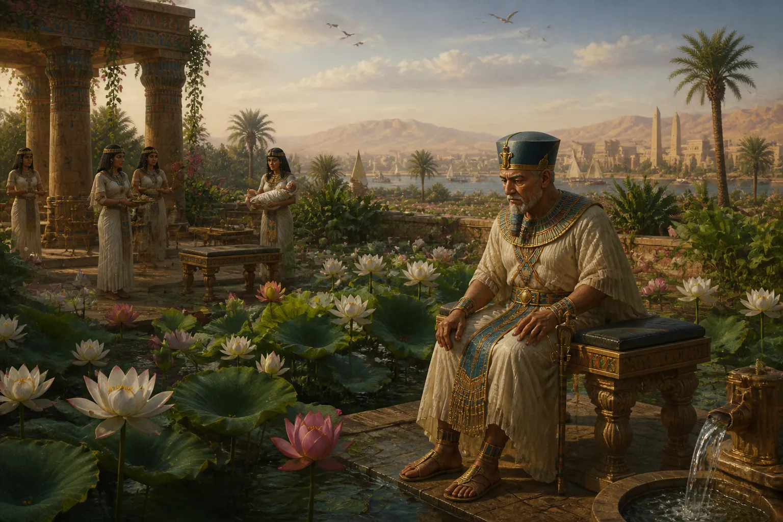 Nella serenità del suo giardino privato lungo il Nilo, Ramesses III riflette sugli ultimi giorni del suo regno. Il verde lussureggiante, vibrante di vita, offre… Nella serenità del suo giardino privato lungo il Nilo, Ramesses III riflette sugli ultimi giorni del suo regno. Il verde lussureggiante, vibrante di vita, offre…