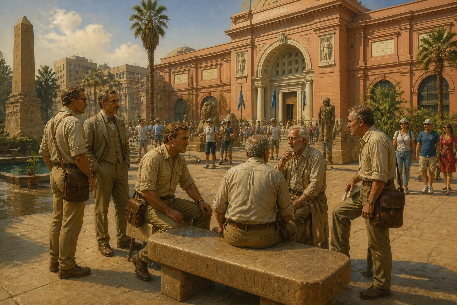 The renowned Cairo Museum courtyard is alive, a nexus where history and the present intertwine. Here, a gathering of the surviving members of the legendary… The renowned Cairo Museum courtyard is alive, a nexus where history and the present intertwine. Here, a gathering of the surviving members of the legendary…