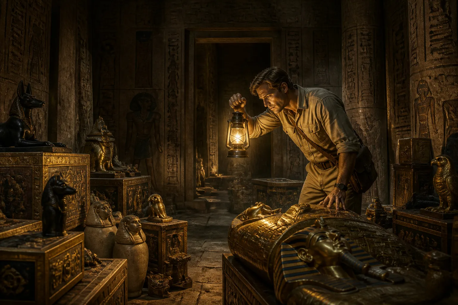 Amidst a labyrinth of artifacts, Howard Carter stands at the threshold of Tutankhamun's antechamber, lantern in hand. The air is thick with the smell of aged… Amidst a labyrinth of artifacts, Howard Carter stands at the threshold of Tutankhamun's antechamber, lantern in hand. The air is thick with the smell of aged…