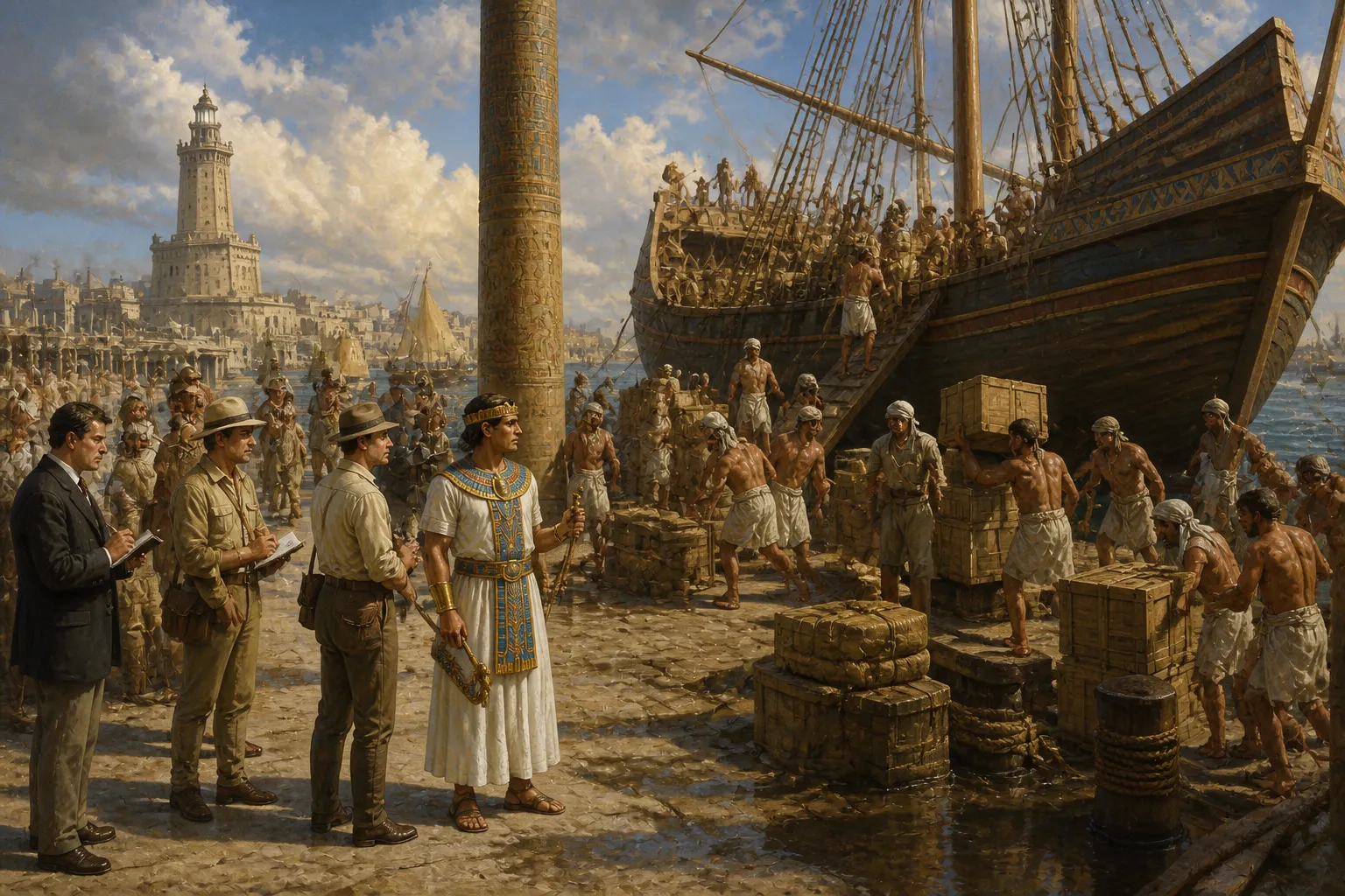 At the bustling docks of Alexandria, crates of newly discovered artifacts are being loaded onto ships bound for exhibition, surrounded by the cacophony of… At the bustling docks of Alexandria, crates of newly discovered artifacts are being loaded onto ships bound for exhibition, surrounded by the cacophony of…