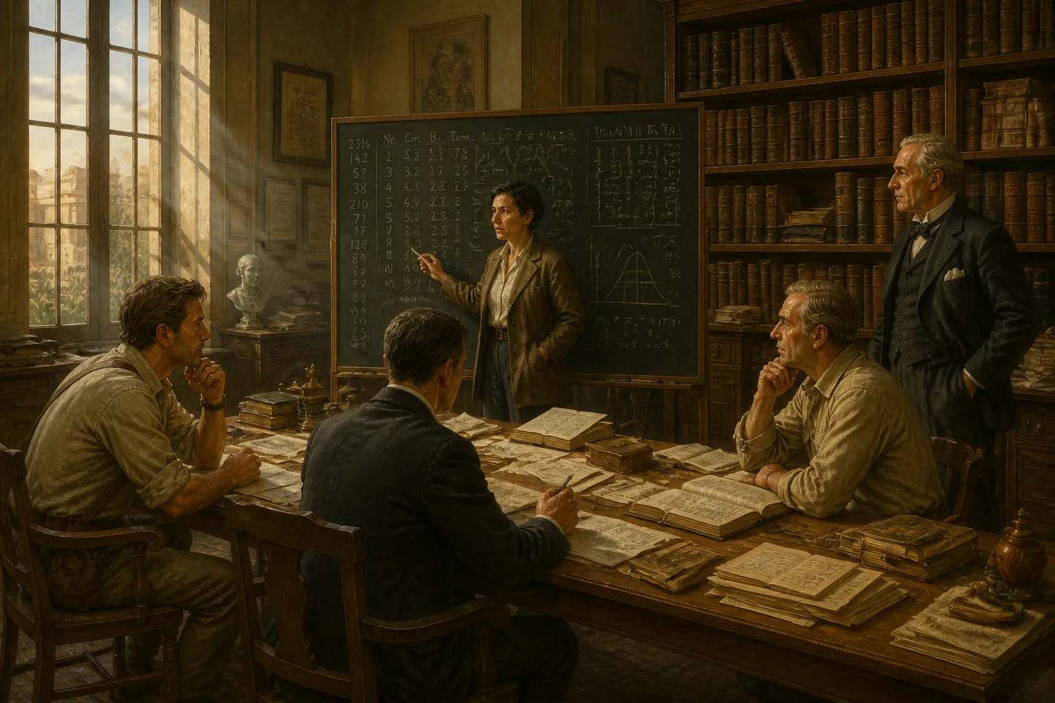 In a quiet university hall, a group of statisticians gathers around a blackboard filled with numbers and timelines in meticulous detail. In a quiet university hall, a group of statisticians gathers around a blackboard filled with numbers and timelines in meticulous detail.