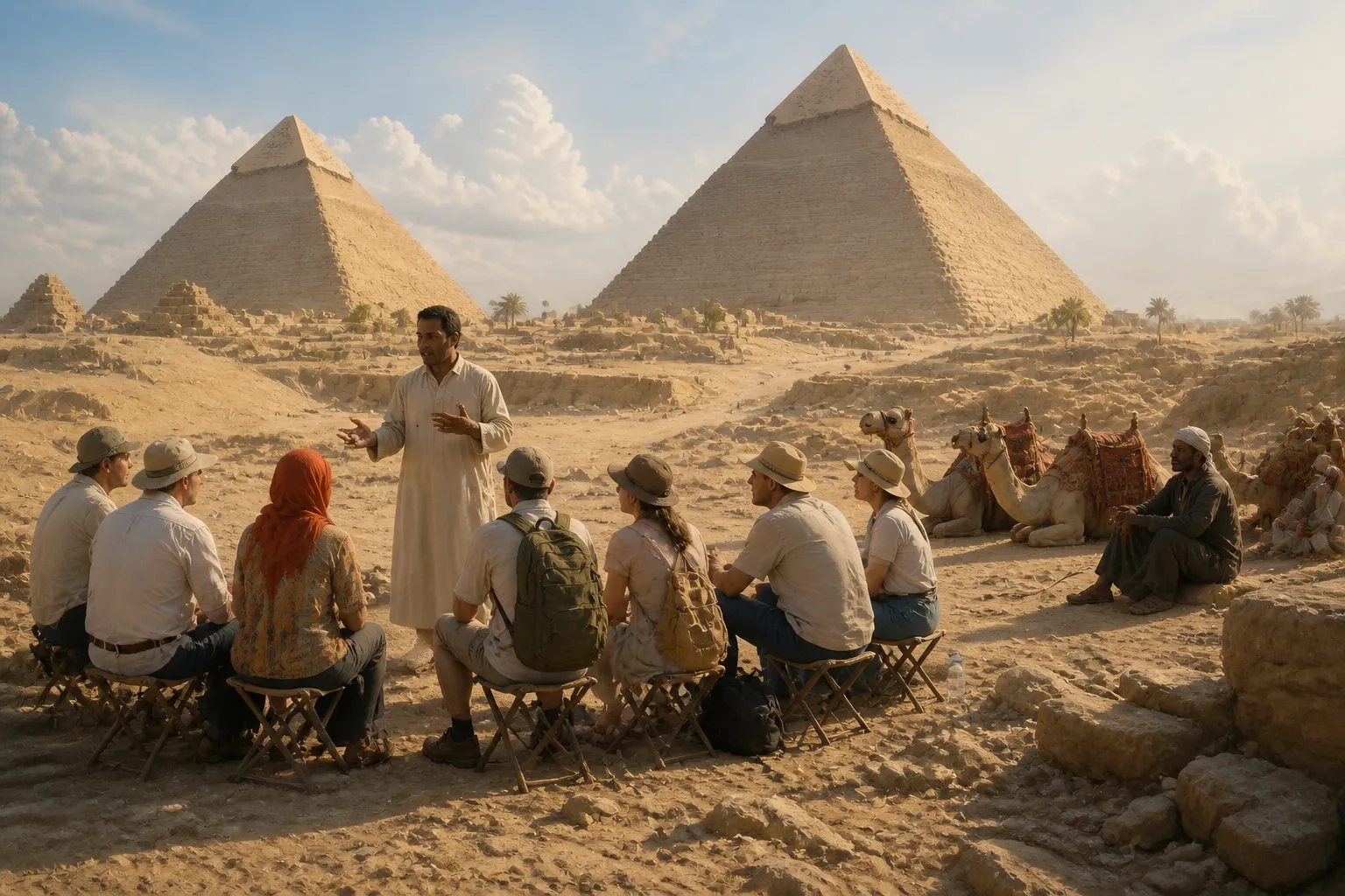 Beneath the towering silhouette of the Giza Pyramids, a lecture unfolds under the vast, open sky. A group of tourists, shaded by wide-brimmed hats and fanning… Beneath the towering silhouette of the Giza Pyramids, a lecture unfolds under the vast, open sky. A group of tourists, shaded by wide-brimmed hats and fanning…