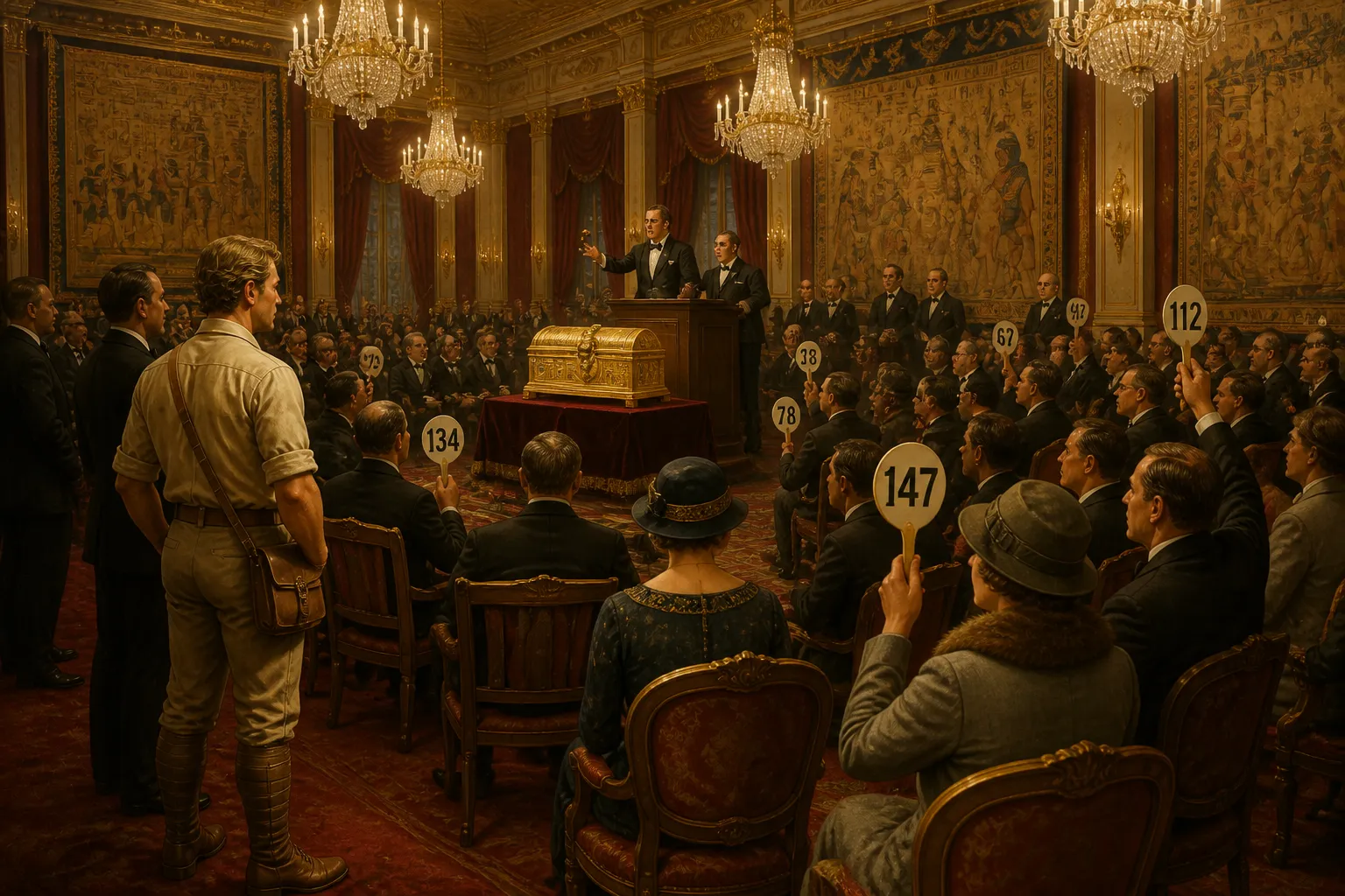 In an opulent auction house steeped in history, the energy is tangible as affluent collectors compete fiercely for Tutankhamun memorabilia. In an opulent auction house steeped in history, the energy is tangible as affluent collectors compete fiercely for Tutankhamun memorabilia.