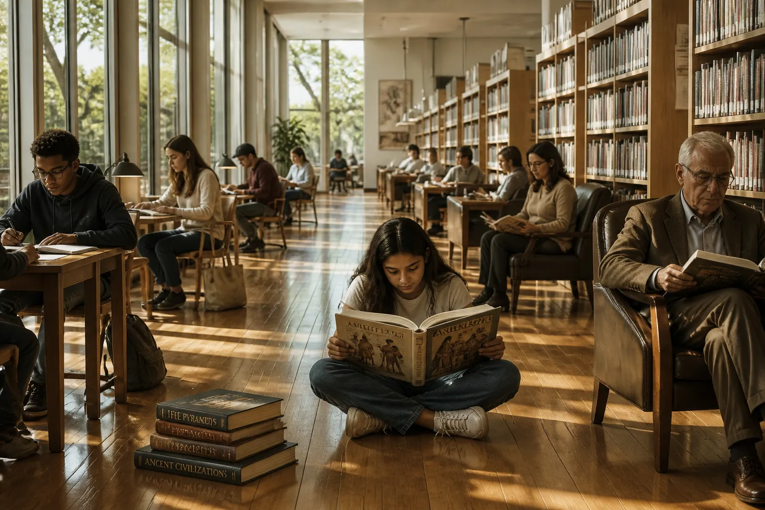 In the heart of a bustling modern library, a young girl navigates the aisles, her fingers brushing against countless volumes on the mysteries of ancient Egypt. In the heart of a bustling modern library, a young girl navigates the aisles, her fingers brushing against countless volumes on the mysteries of ancient Egypt.