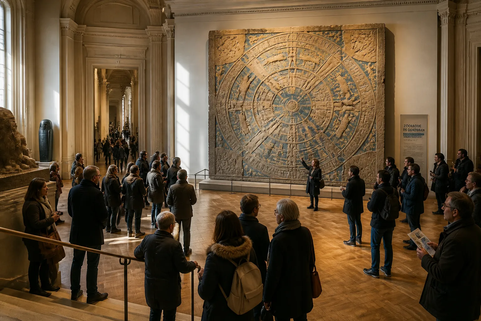 In den hallenden Hallen des Sully-Flügels des Louvre stehen Besucher unter einem beeindruckenden Artefakt: dem Dendera-Zodiak. In den hallenden Hallen des Sully-Flügels des Louvre stehen Besucher unter einem beeindruckenden Artefakt: dem Dendera-Zodiak.