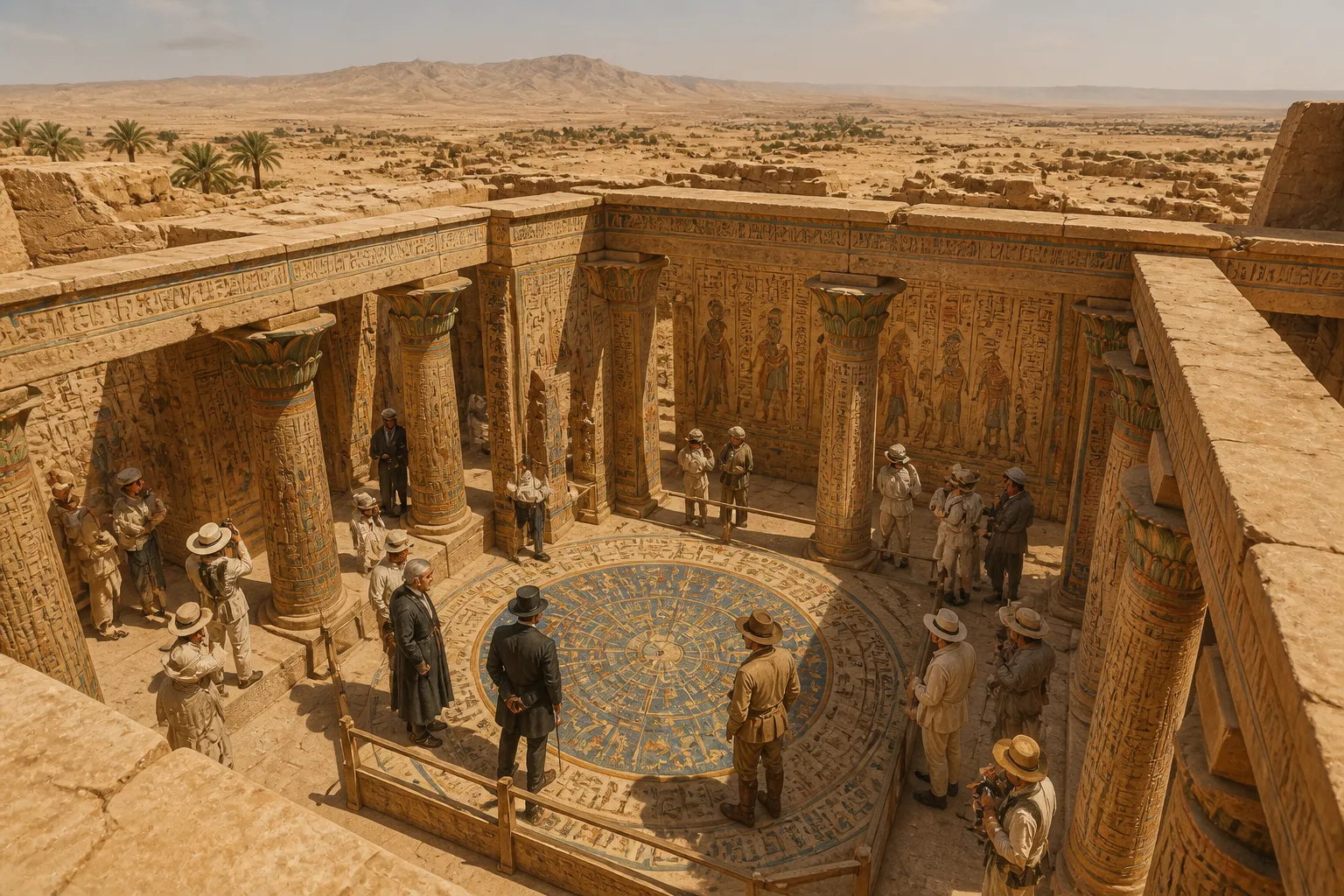 Die Dachkapelle des Osiris in Dendera steht offen zum Himmel, wo einst der Zodiak lag, ein feierliches Erinnerungsstück an die himmlische Kuppel, die alte… Die Dachkapelle des Osiris in Dendera steht offen zum Himmel, wo einst der Zodiak lag, ein feierliches Erinnerungsstück an die himmlische Kuppel, die alte…