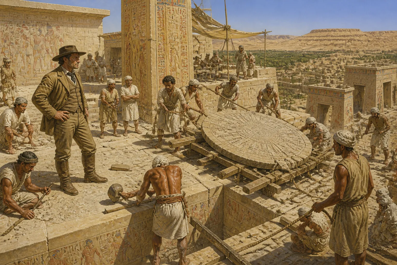 Im Jahr 1821, unter der brennenden ägyptischen Sonne, arbeiteten Jean-Baptiste Lelorrain und sein Team akribisch daran, den Zodiak vom Tempeldach zu entfernen. Im Jahr 1821, unter der brennenden ägyptischen Sonne, arbeiteten Jean-Baptiste Lelorrain und sein Team akribisch daran, den Zodiak vom Tempeldach zu entfernen.
