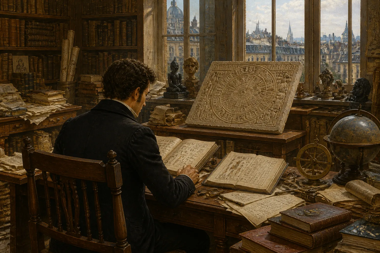 In einem sonnenbeschienenen Pariser Arbeitszimmer beugte sich Jean-François Champollion, ein Leuchtfeuer auf dem Gebiet der Ägyptologie, über alte Texte und den… In einem sonnenbeschienenen Pariser Arbeitszimmer beugte sich Jean-François Champollion, ein Leuchtfeuer auf dem Gebiet der Ägyptologie, über alte Texte und den…