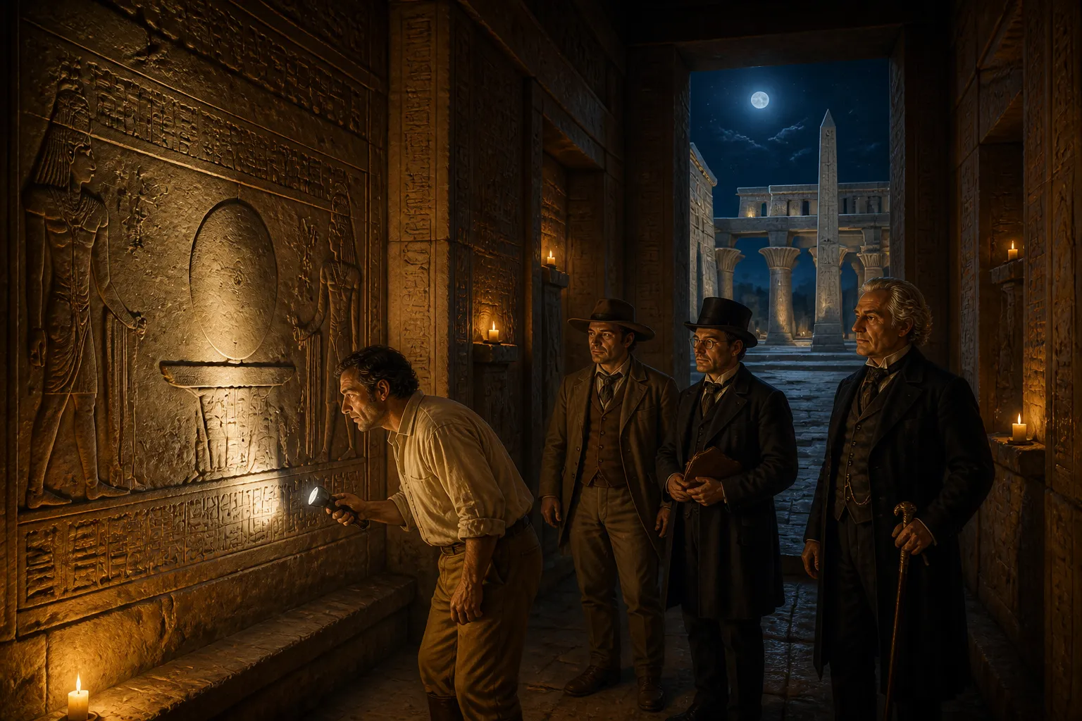 In einem schattigen Korridor des Dendera-Tempels steht ein neugieriger Besucher vor dem rätselhaften Relief, das als Dendera-Lampen bekannt ist. In einem schattigen Korridor des Dendera-Tempels steht ein neugieriger Besucher vor dem rätselhaften Relief, das als Dendera-Lampen bekannt ist.