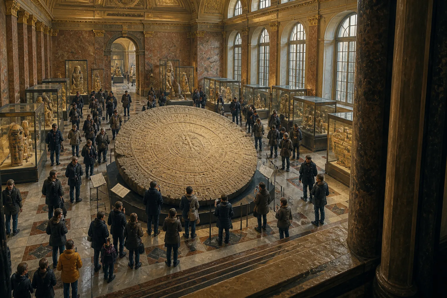 Zurück im Louvre, unter dem originalen Dendera-Zodiak, halten Besucher inne, um über die lange Reise nachzudenken, die dieses Artefakt von Ägypten nach… Zurück im Louvre, unter dem originalen Dendera-Zodiak, halten Besucher inne, um über die lange Reise nachzudenken, die dieses Artefakt von Ägypten nach…